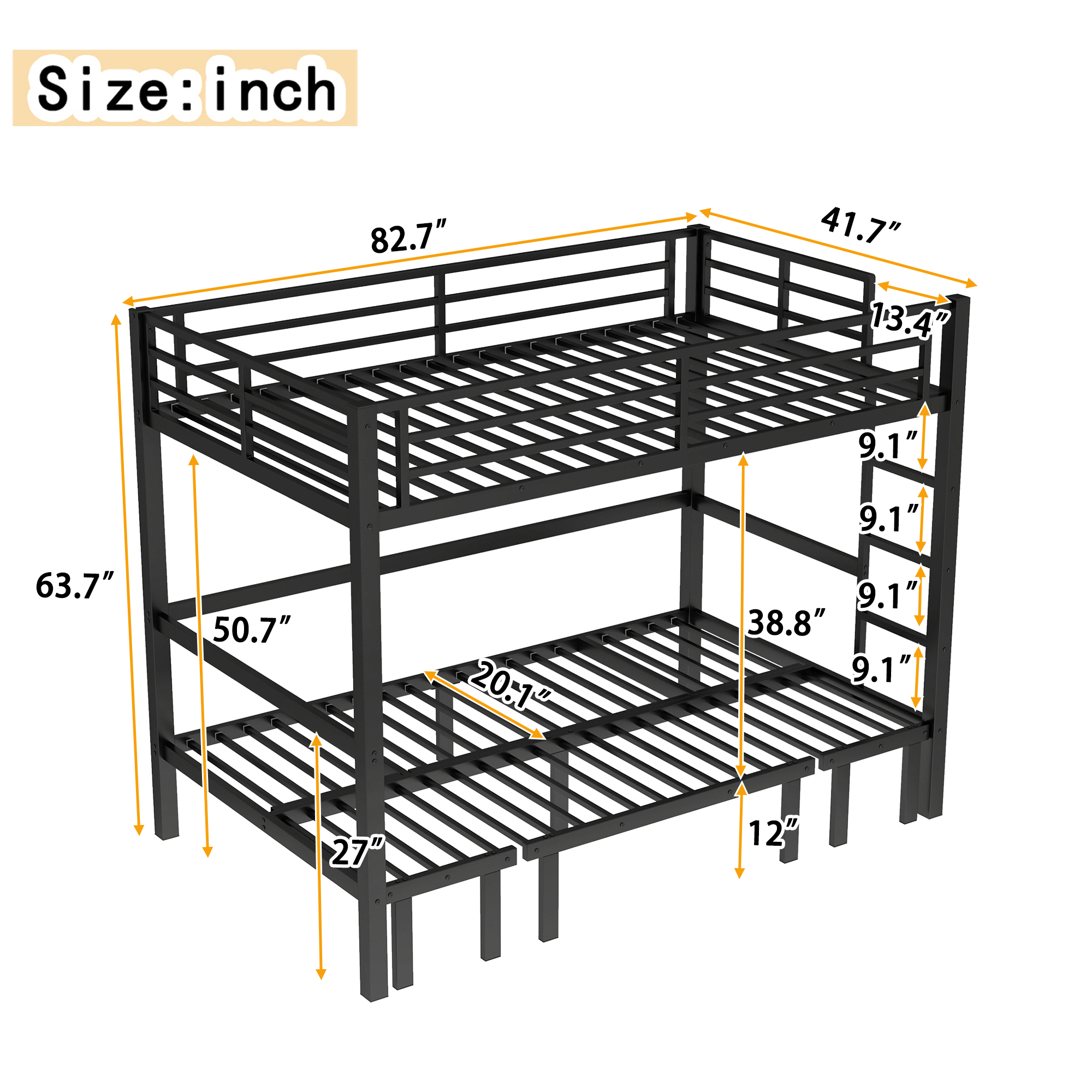 Twin XL over Twin XL size pull-out Metal Bunk Bed, lower bunk can be pulled out in three sections, top bunk equipped with safety rails, black. - Image 4