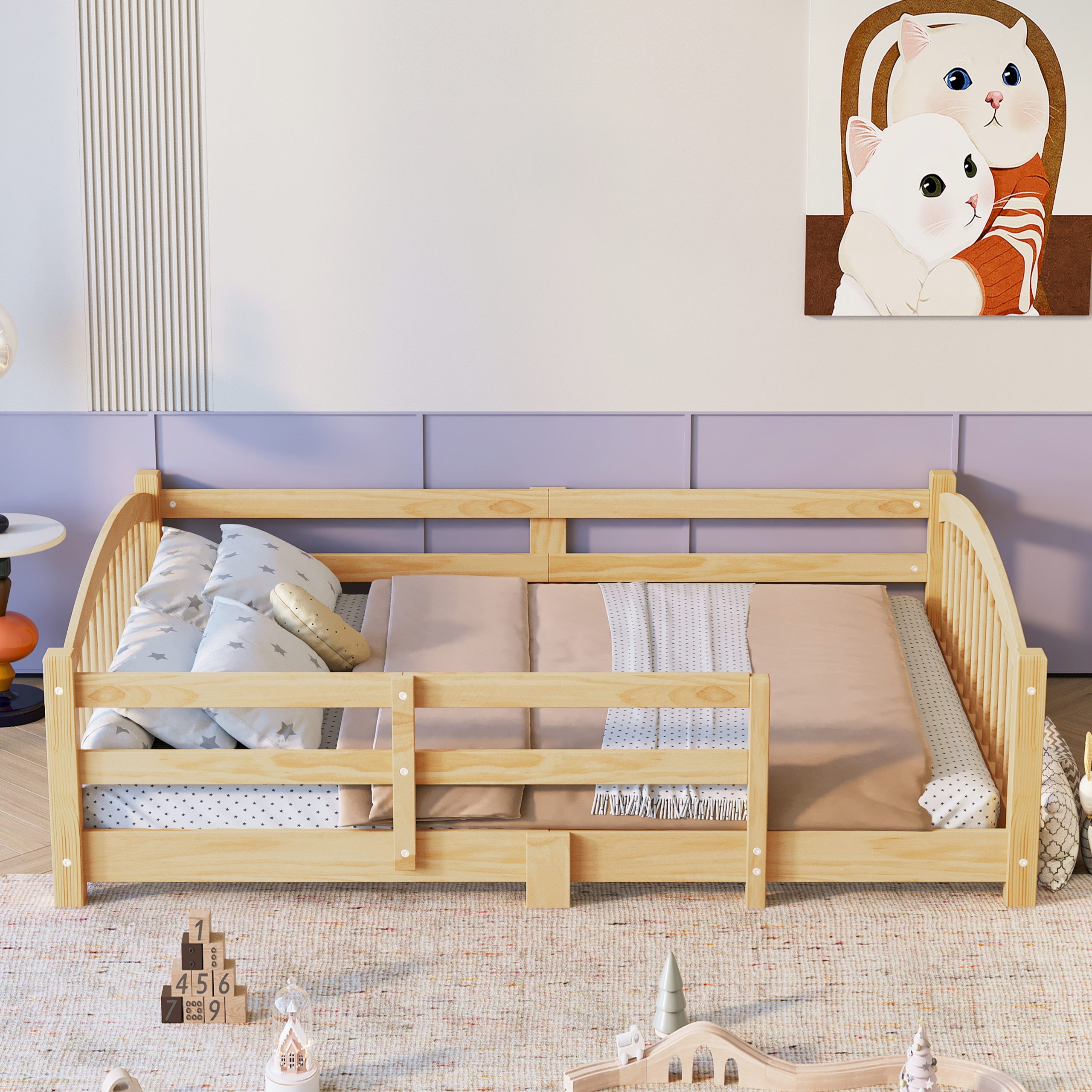 Full Montessori Floor Bed with Slats and Safety Guardrails, Solid Wood Floor Bed with Fence and Without Door, Easy Assemble Montessori Bed for Girls and Boys, Natural