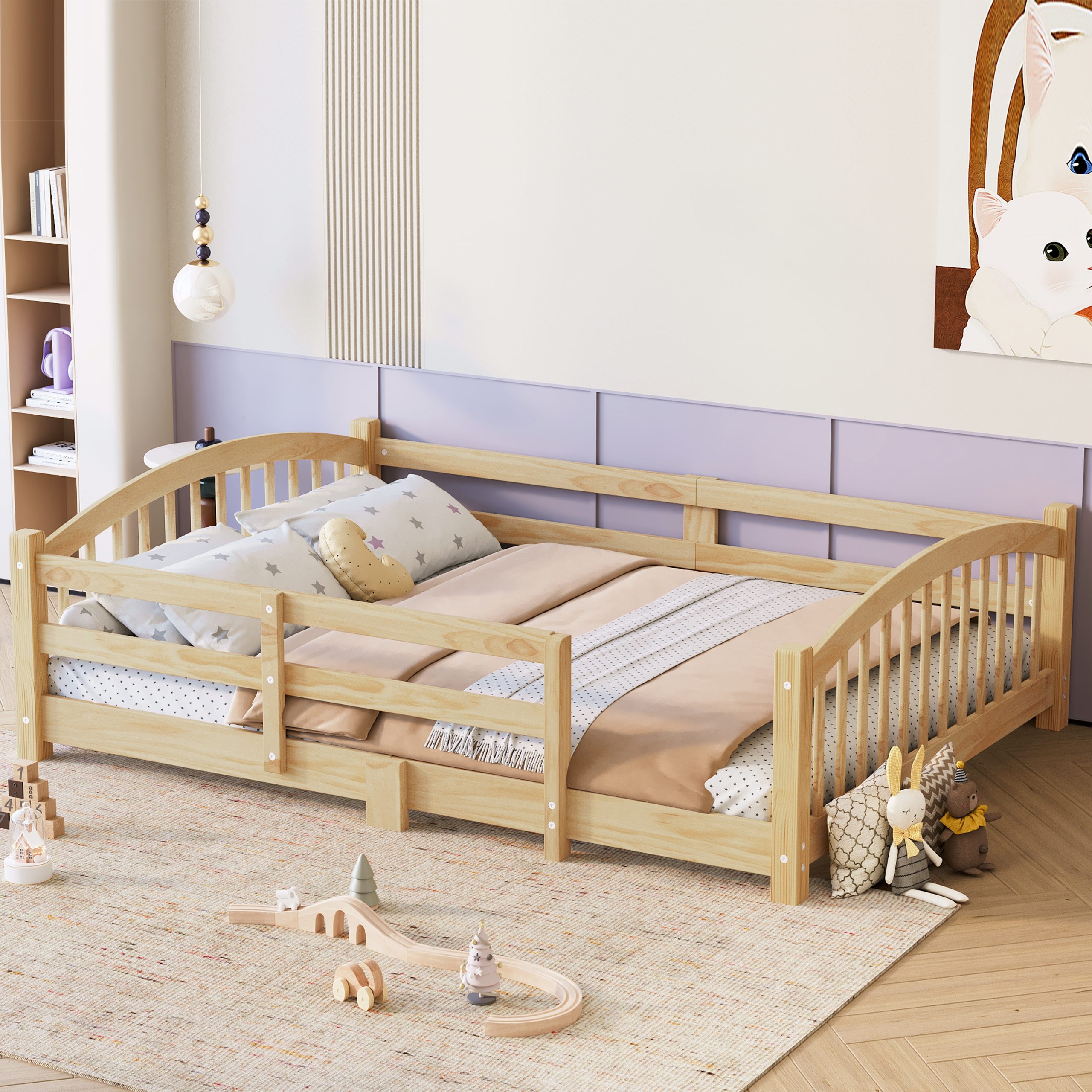 Full Montessori Floor Bed with Slats and Safety Guardrails, Solid Wood Floor Bed with Fence and Without Door, Easy Assemble Montessori Bed for Girls and Boys, Natural - Image 2