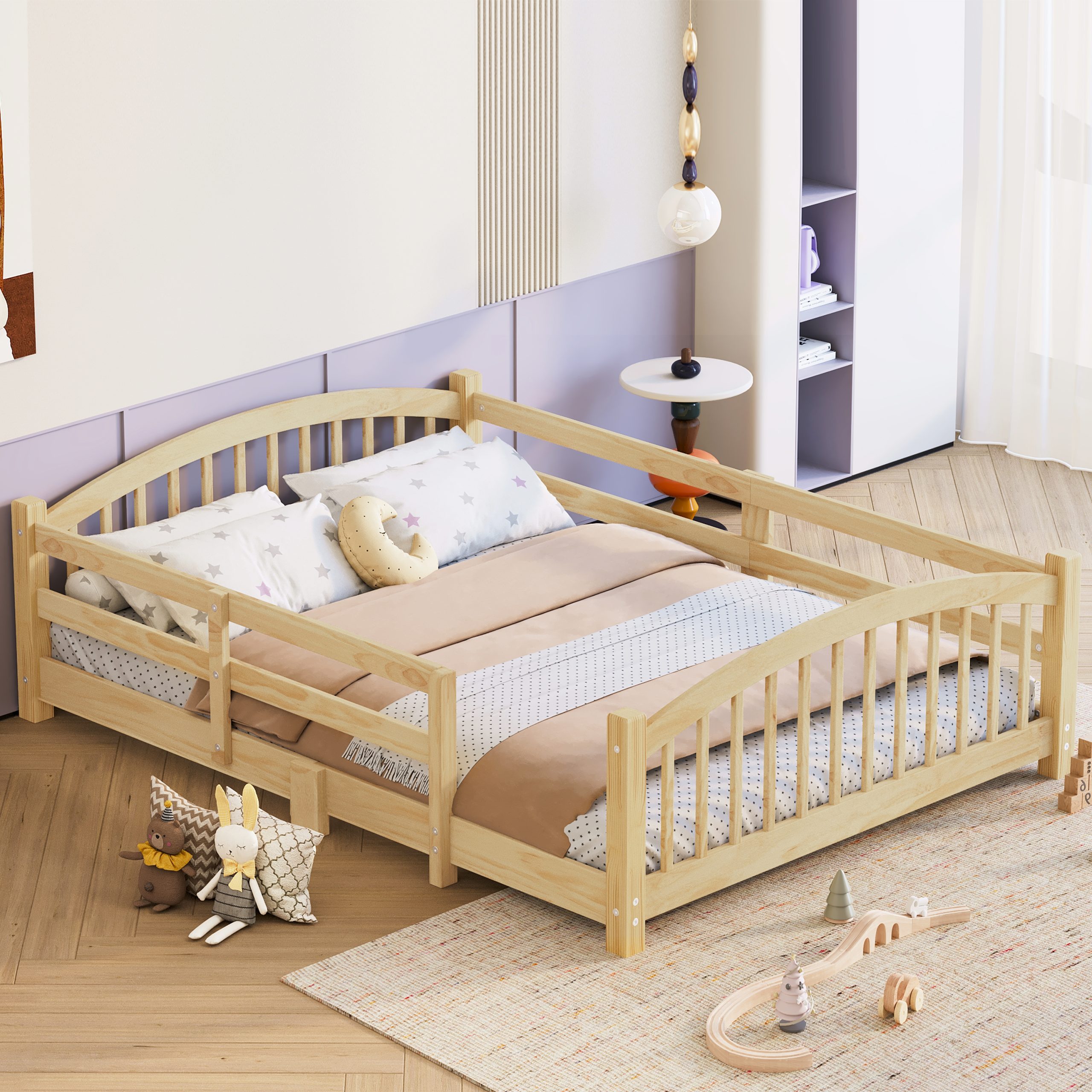 Full Montessori Floor Bed with Slats and Safety Guardrails, Solid Wood Floor Bed with Fence and Without Door, Easy Assemble Montessori Bed for Girls and Boys, Natural - Image 3