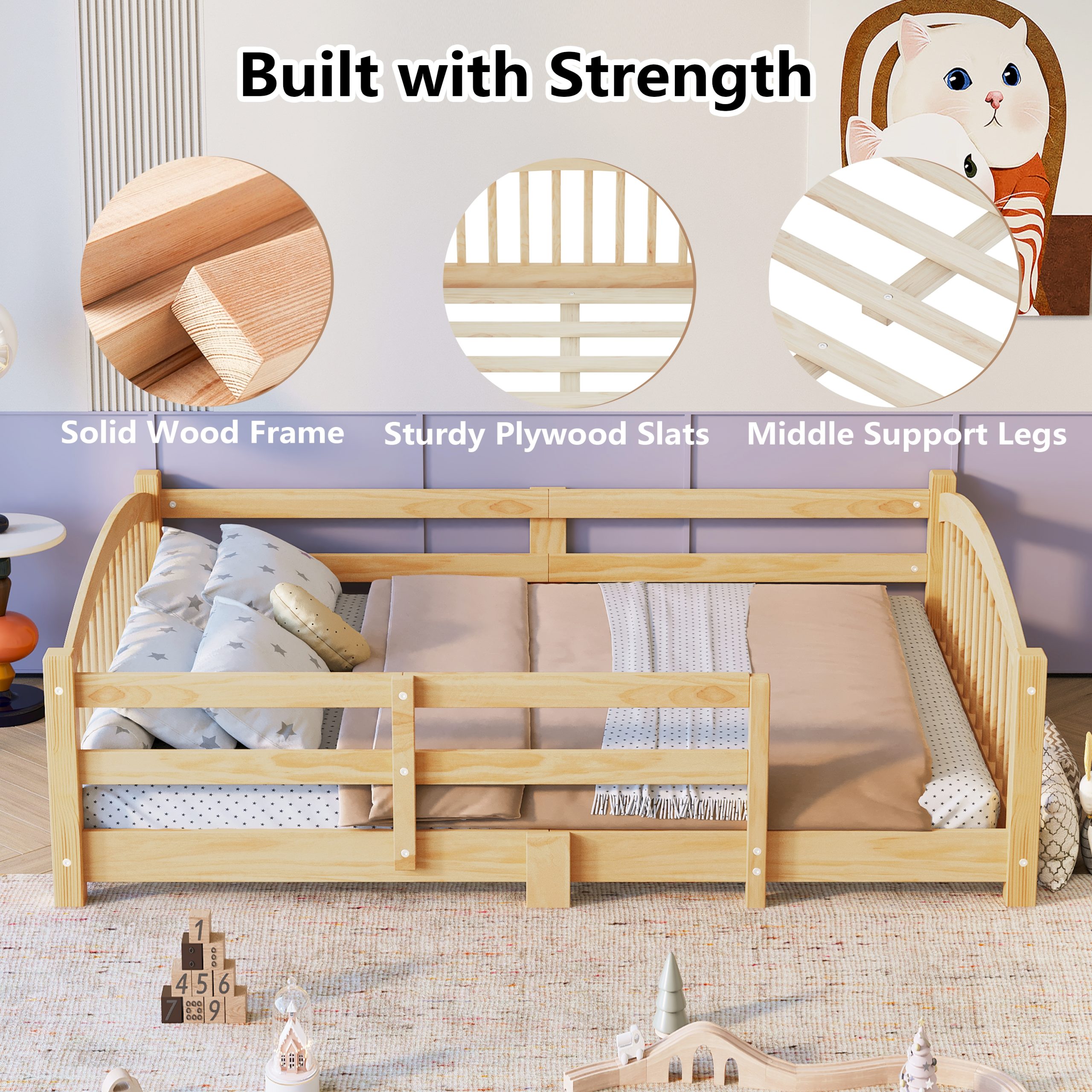 Full Montessori Floor Bed with Slats and Safety Guardrails, Solid Wood Floor Bed with Fence and Without Door, Easy Assemble Montessori Bed for Girls and Boys, Natural - Image 4