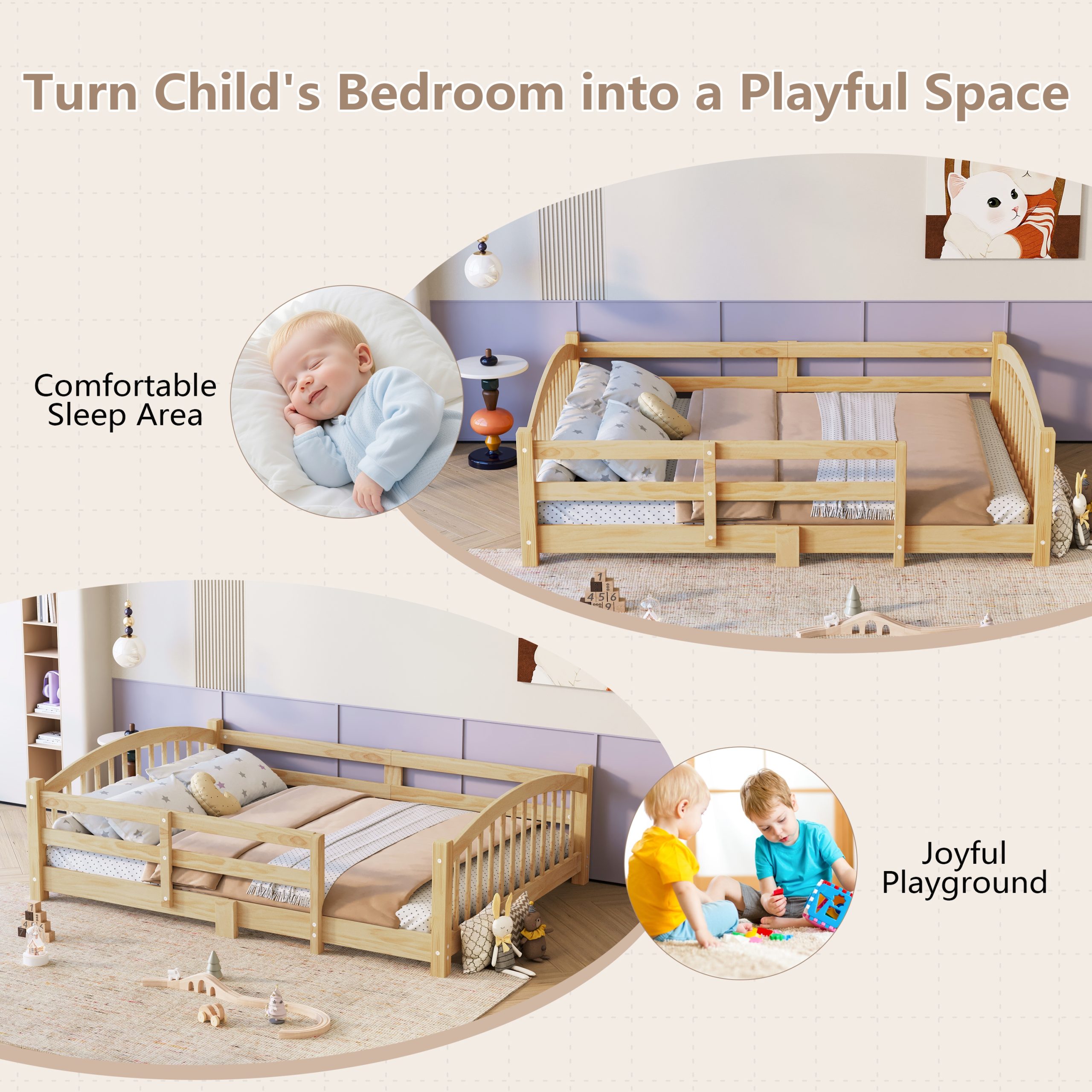 Full Montessori Floor Bed with Slats and Safety Guardrails, Solid Wood Floor Bed with Fence and Without Door, Easy Assemble Montessori Bed for Girls and Boys, Natural - Image 6