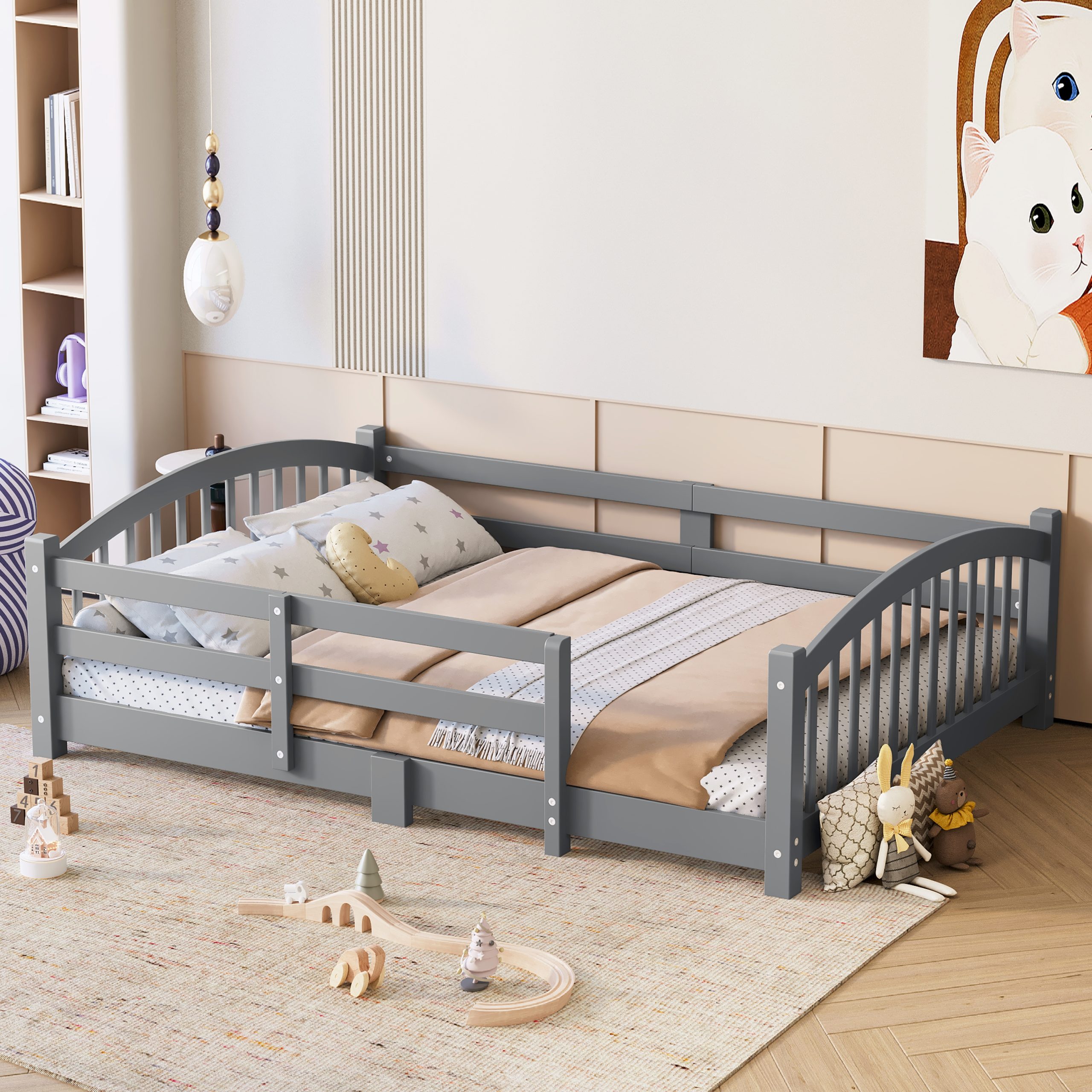 Full Montessori Floor Bed with Slats and Safety Guardrails, Solid Wood Floor Bed with Fence and Without Door, Easy Assemble Montessori Bed for Girls and Boys, Gray - Image 2
