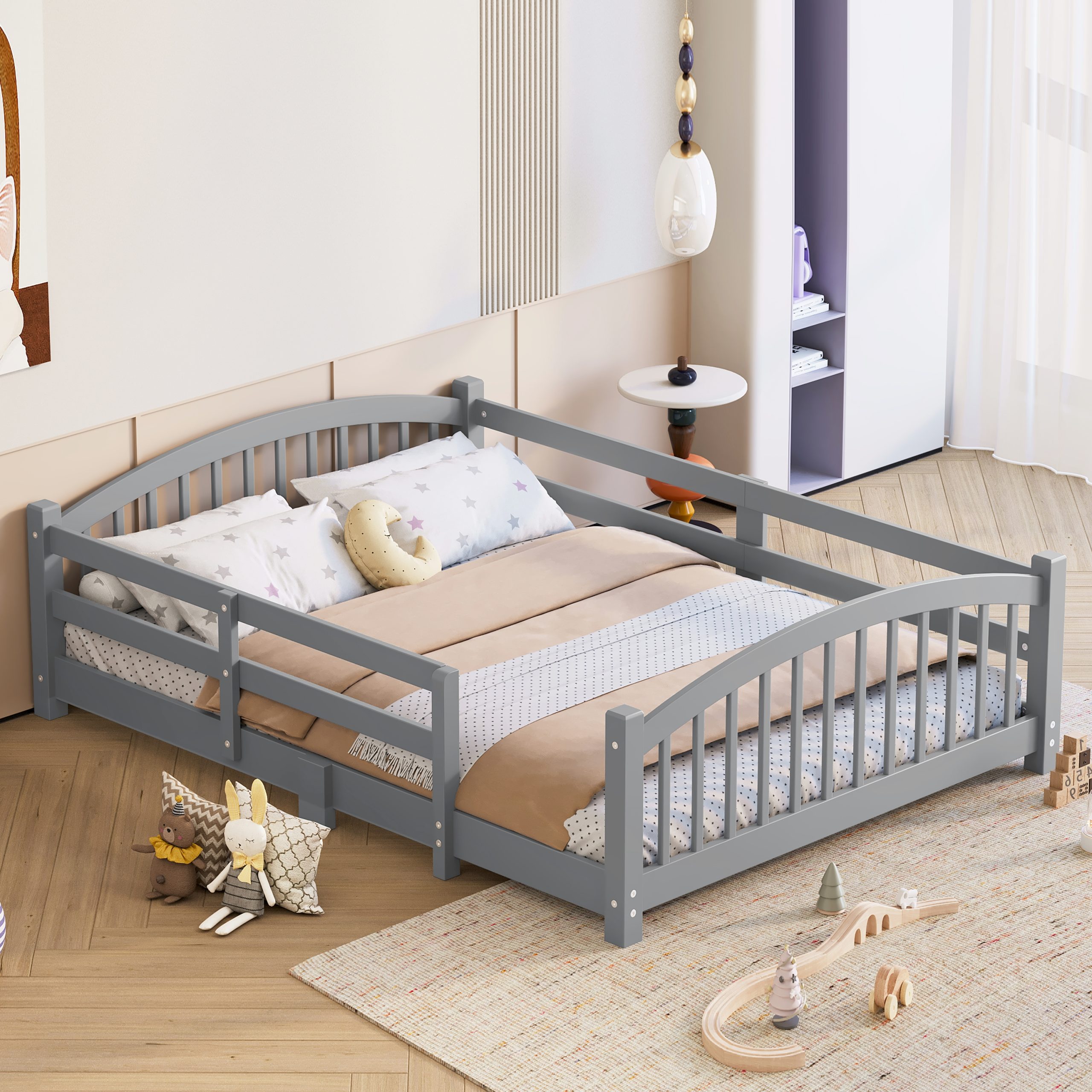 Full Montessori Floor Bed with Slats and Safety Guardrails, Solid Wood Floor Bed with Fence and Without Door, Easy Assemble Montessori Bed for Girls and Boys, Gray - Image 3