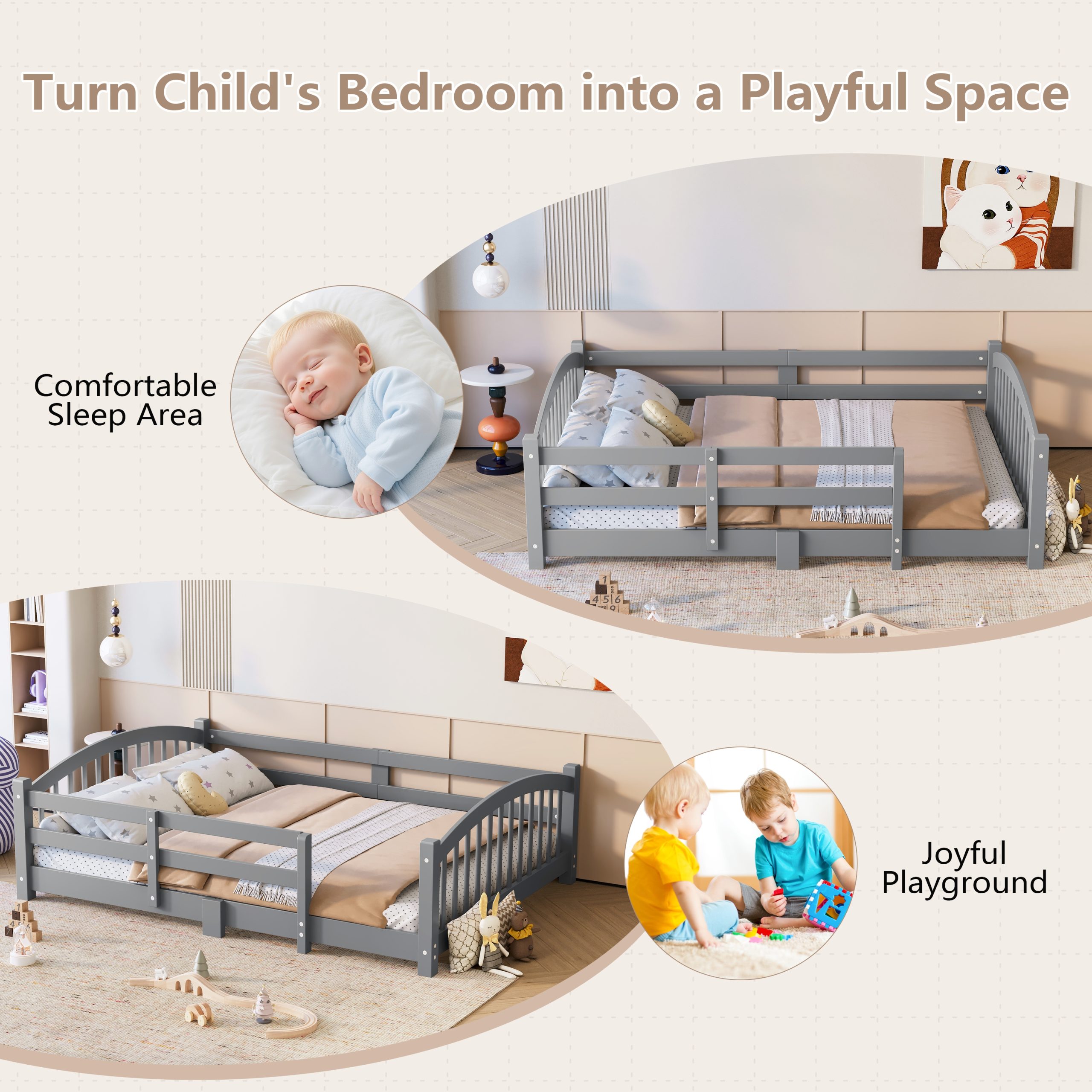 Full Montessori Floor Bed with Slats and Safety Guardrails, Solid Wood Floor Bed with Fence and Without Door, Easy Assemble Montessori Bed for Girls and Boys, Gray - Image 6