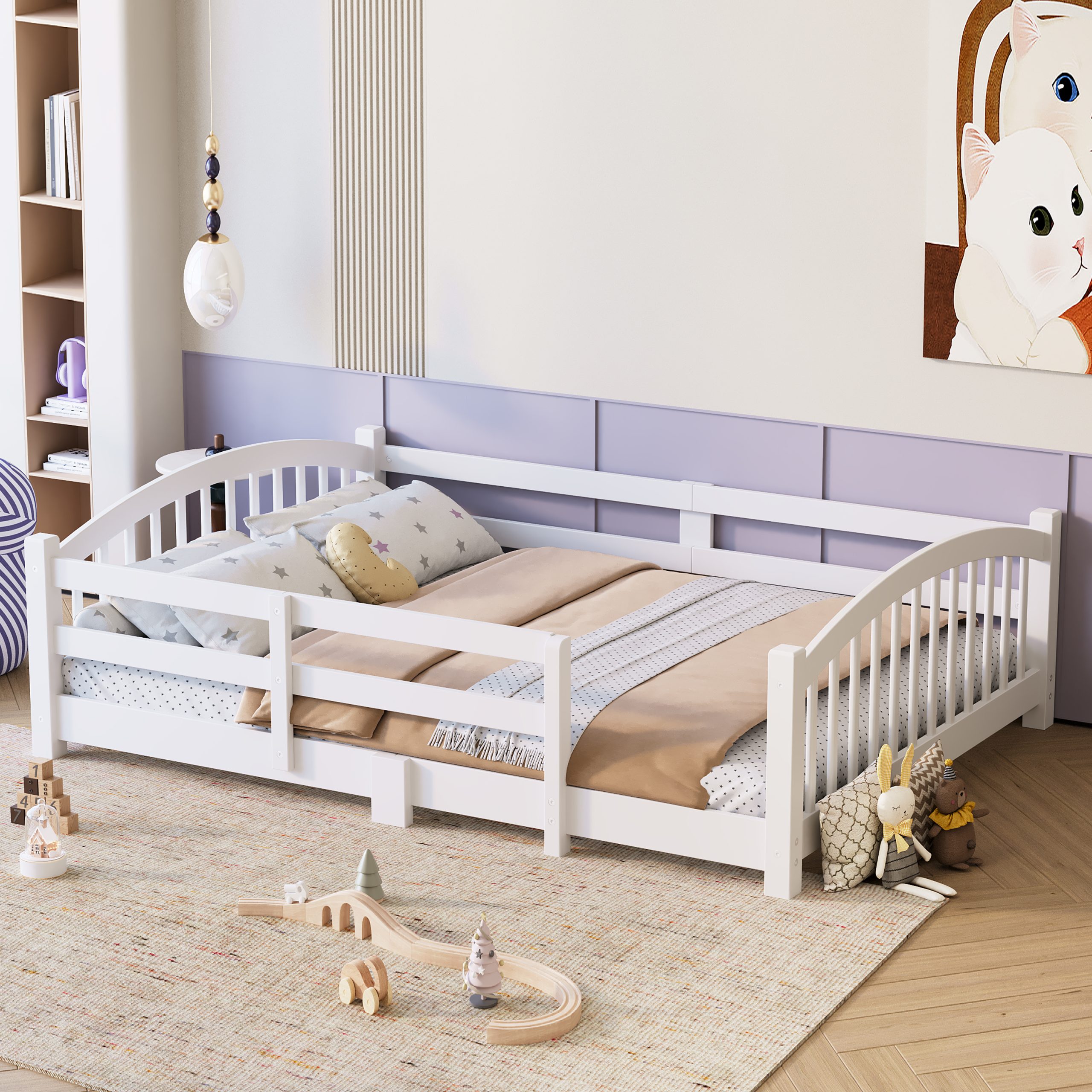 Full Montessori Floor Bed with Slats and Safety Guardrails, Solid Wood Floor Bed with Fence and Without Door, Easy Assemble Montessori Bed for Girls and Boys, White - Image 2