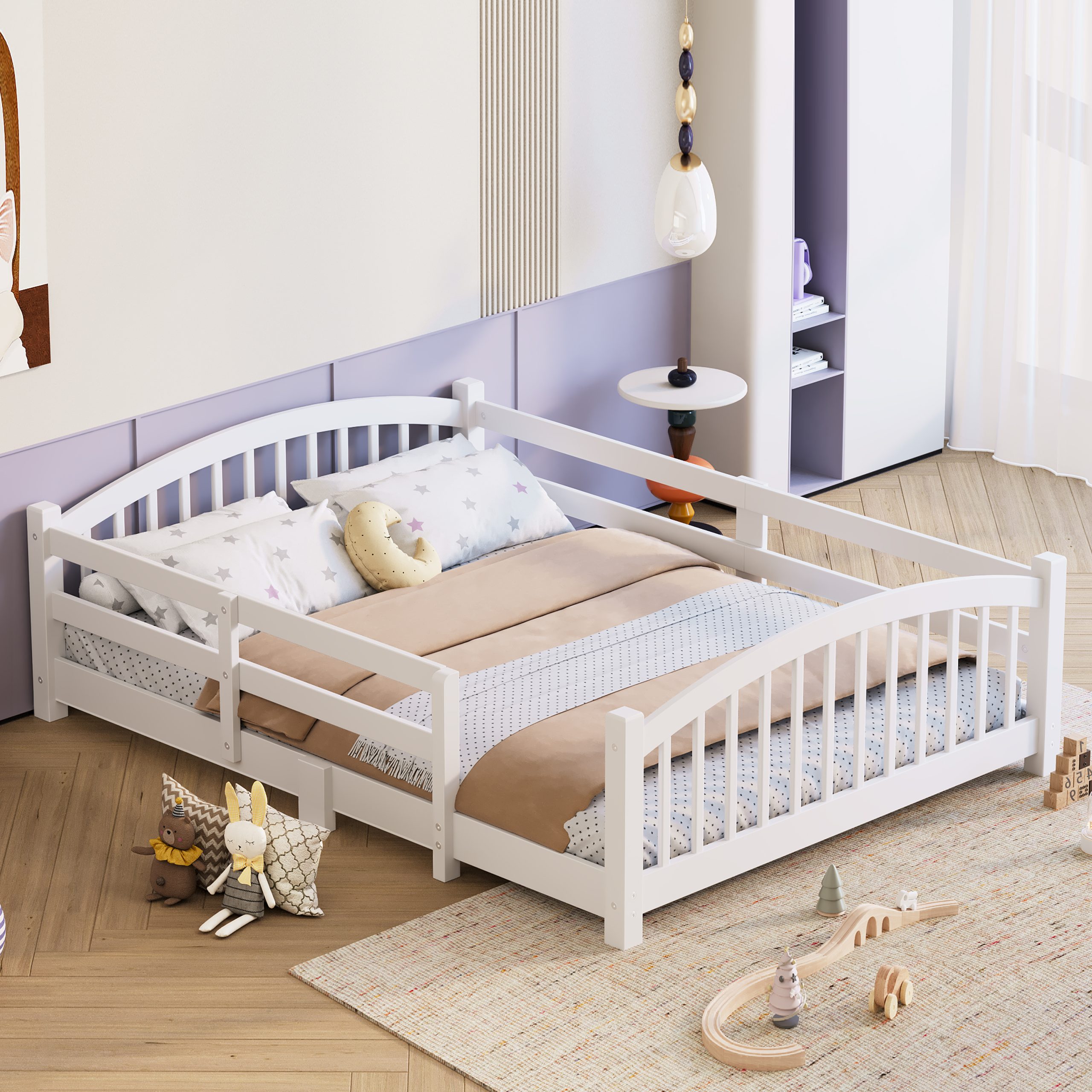 Full Montessori Floor Bed with Slats and Safety Guardrails, Solid Wood Floor Bed with Fence and Without Door, Easy Assemble Montessori Bed for Girls and Boys, White - Image 3