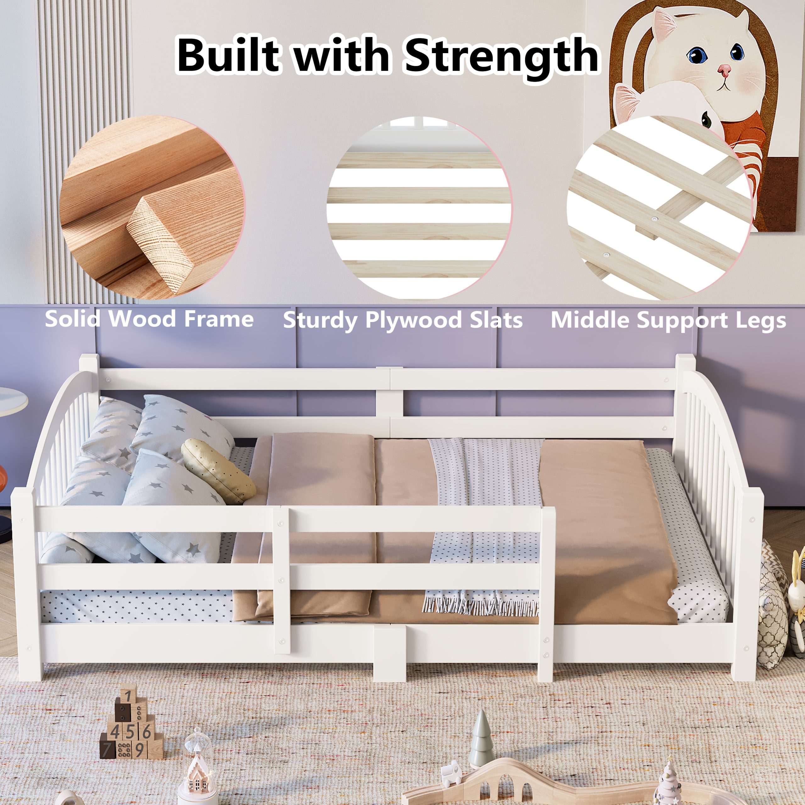 Full Montessori Floor Bed with Slats and Safety Guardrails, Solid Wood Floor Bed with Fence and Without Door, Easy Assemble Montessori Bed for Girls and Boys, White - Image 4