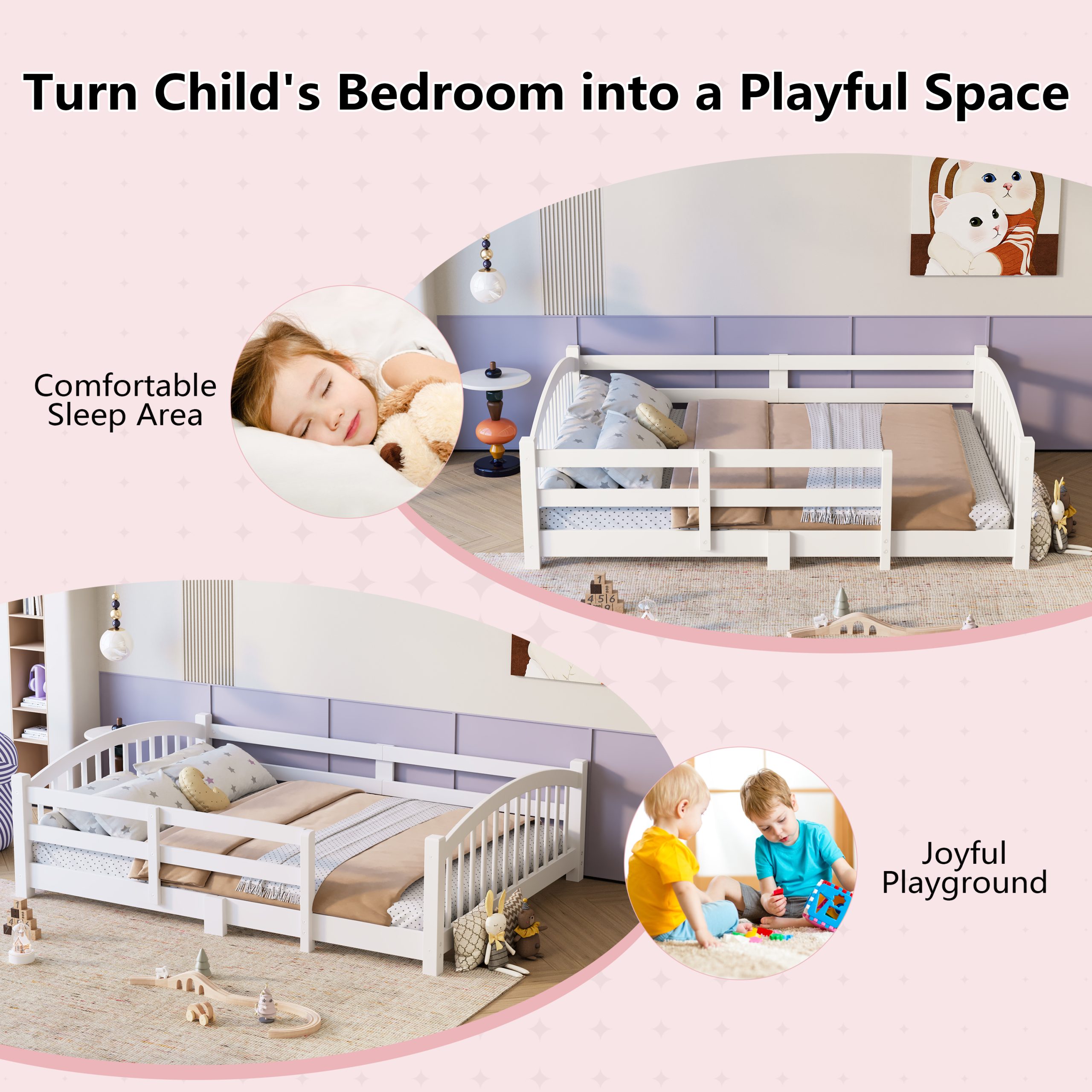 Full Montessori Floor Bed with Slats and Safety Guardrails, Solid Wood Floor Bed with Fence and Without Door, Easy Assemble Montessori Bed for Girls and Boys, White - Image 6