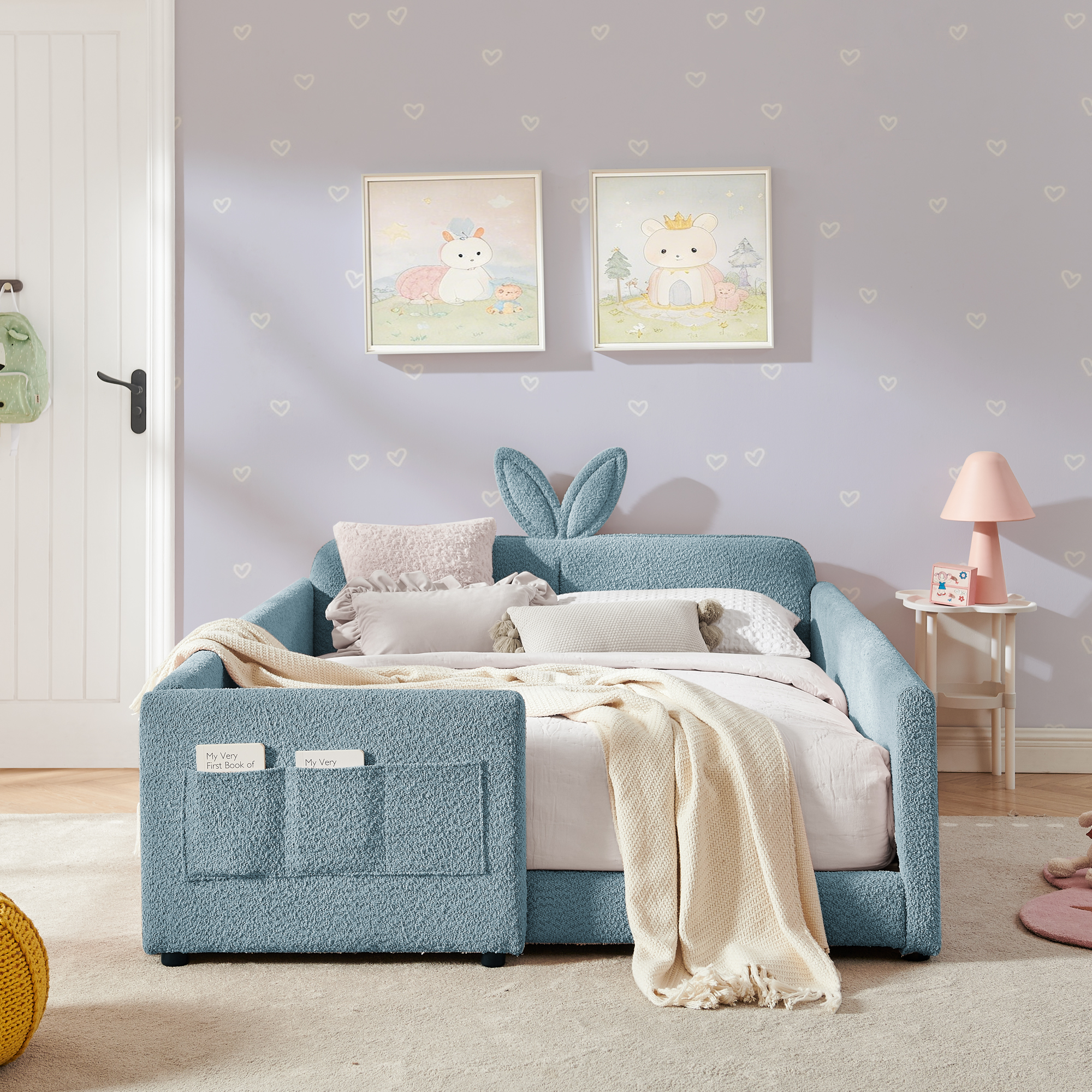 Full Size Upholstered Platform Bed with Cute Rabbit Ear Shaped Headboard, with Safety Rail and Pocket, Boucle Fabric, Sky Blue - Image 1
