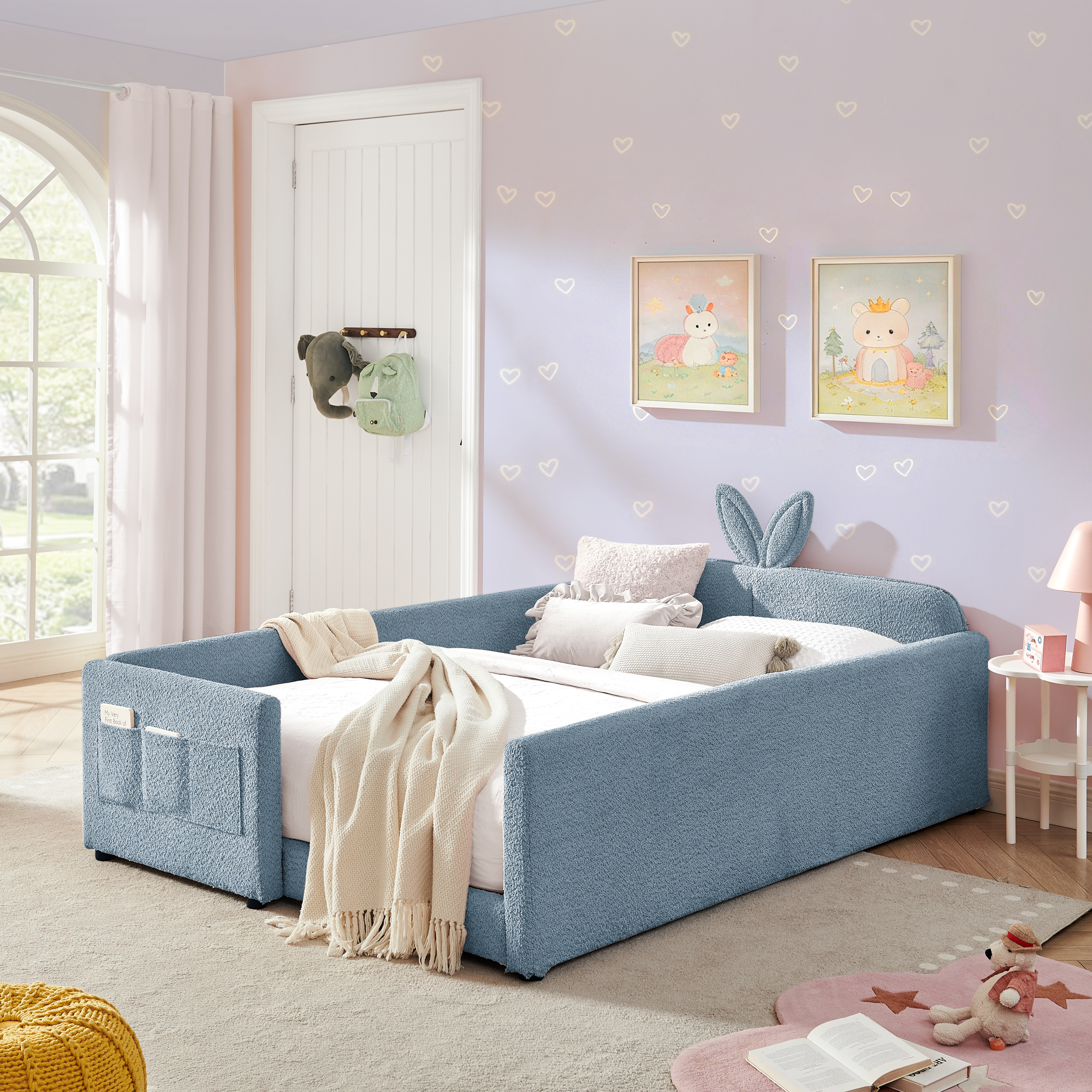Full Size Upholstered Platform Bed with Cute Rabbit Ear Shaped Headboard, with Safety Rail and Pocket, Boucle Fabric, Sky Blue - Image 2