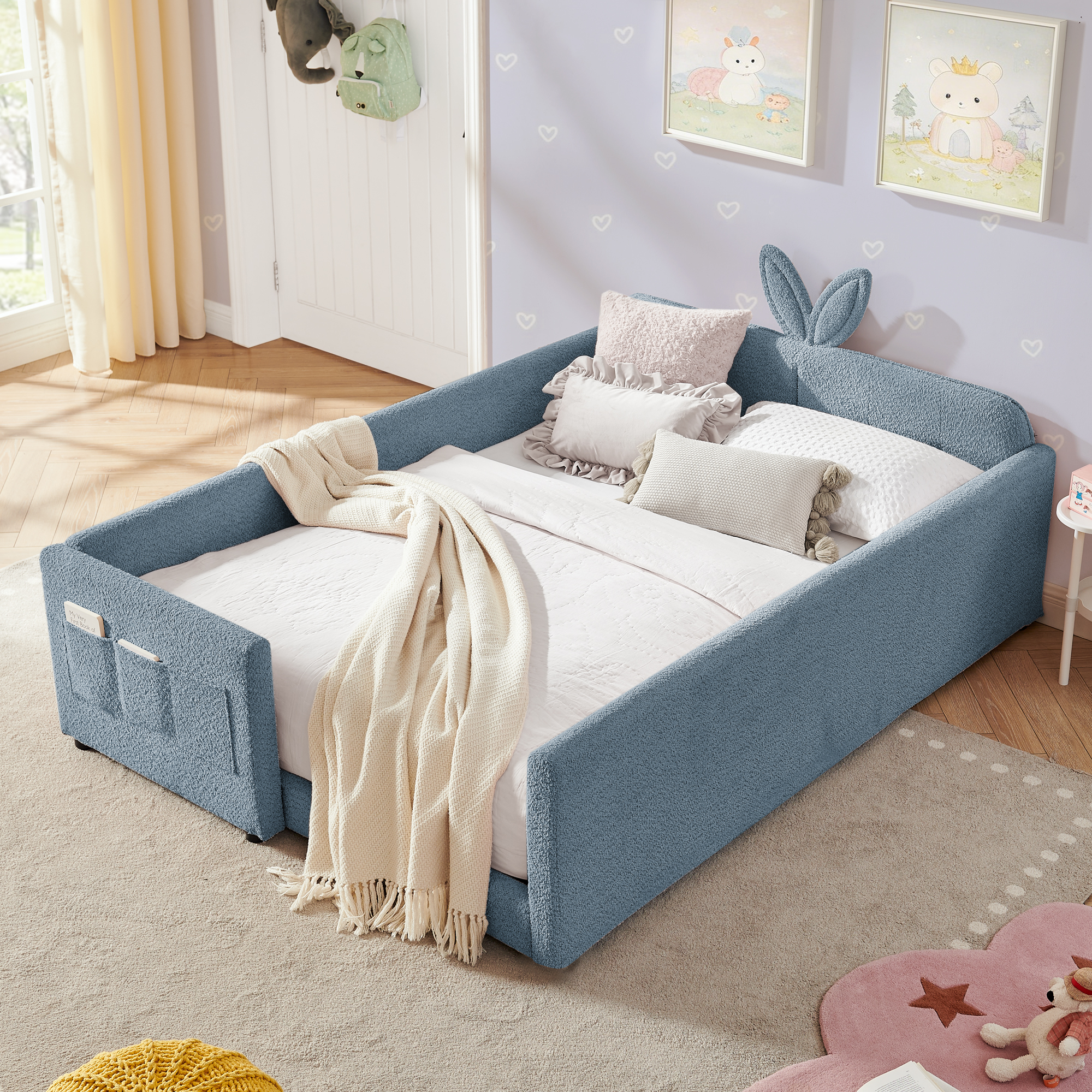 Full Size Upholstered Platform Bed with Cute Rabbit Ear Shaped Headboard, with Safety Rail and Pocket, Boucle Fabric, Sky Blue - Image 3