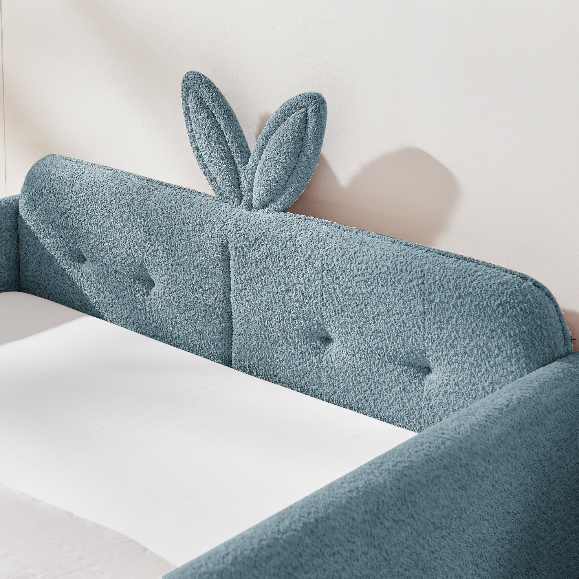Full Size Upholstered Platform Bed with Cute Rabbit Ear Shaped Headboard, with Safety Rail and Pocket, Boucle Fabric, Sky Blue - Image 4