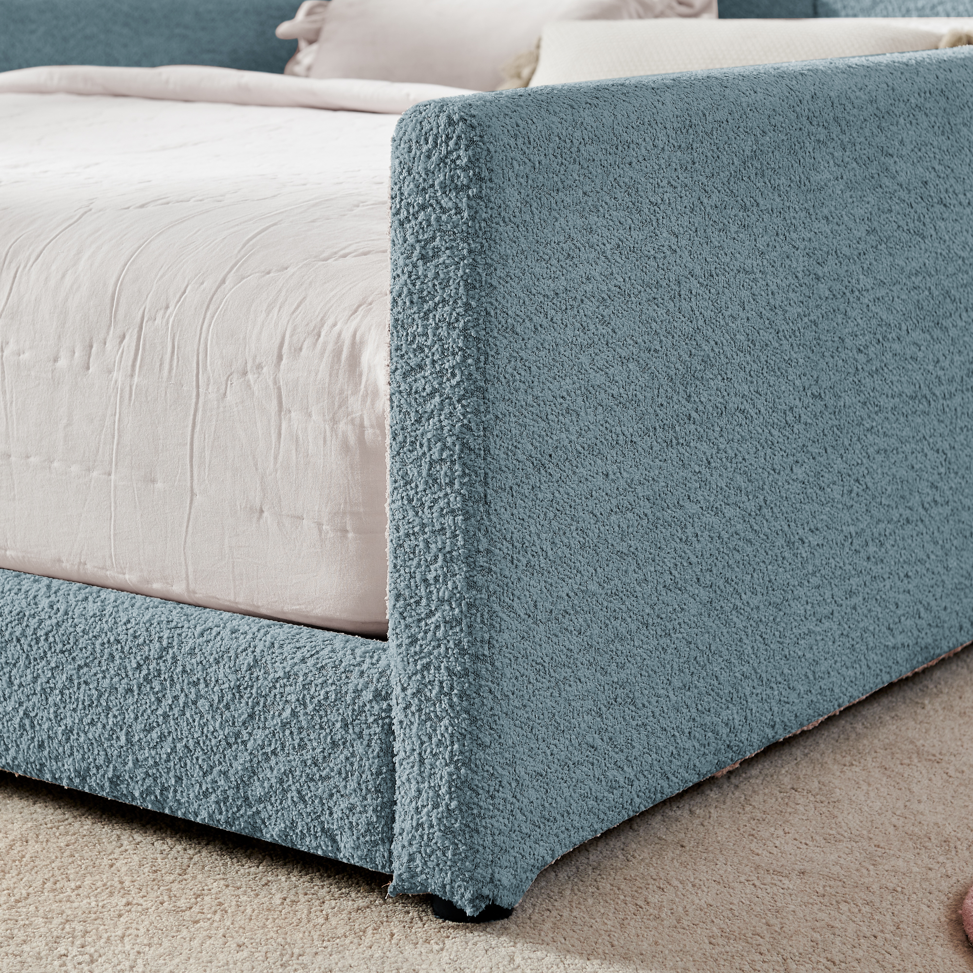 Full Size Upholstered Platform Bed with Cute Rabbit Ear Shaped Headboard, with Safety Rail and Pocket, Boucle Fabric, Sky Blue - Image 5