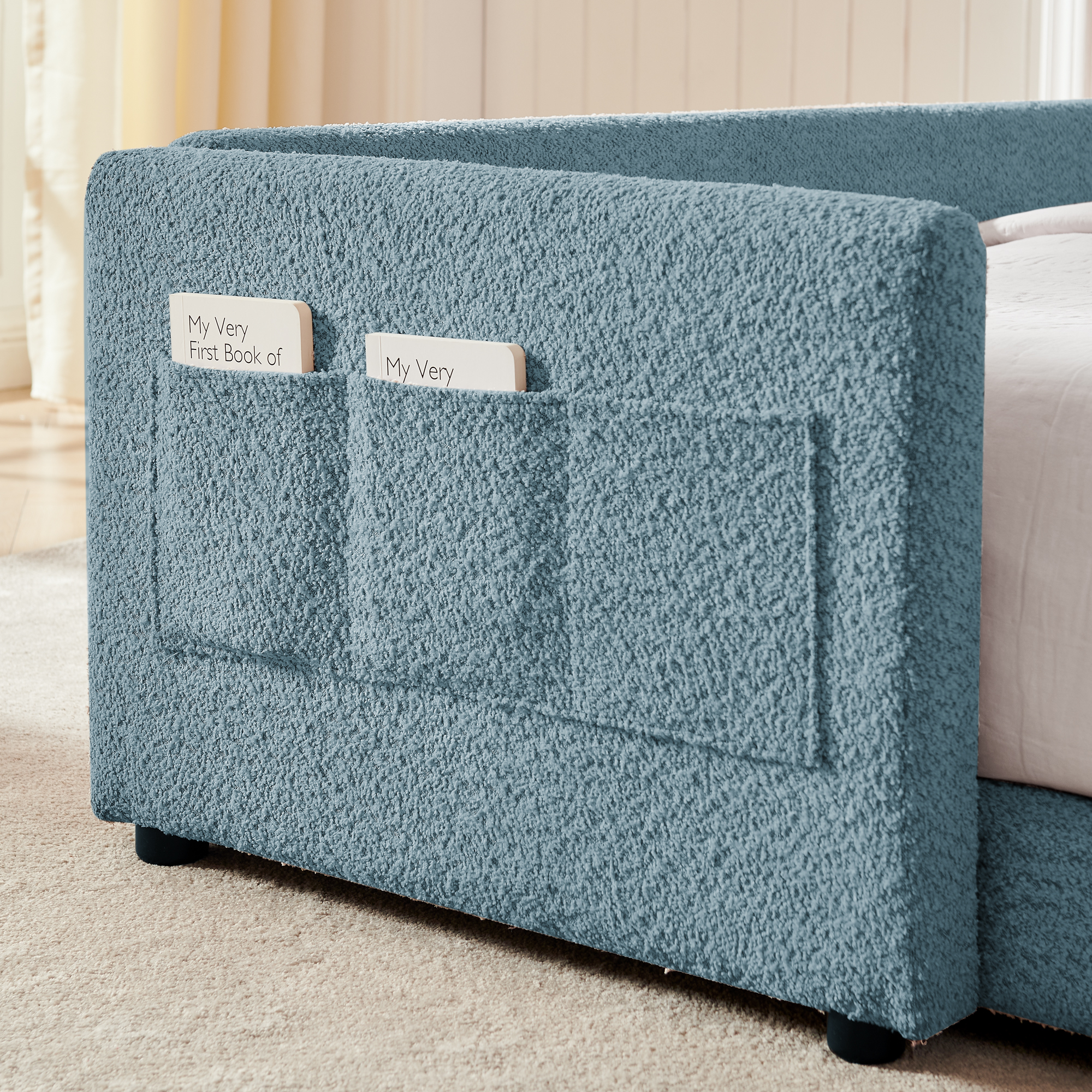 Full Size Upholstered Platform Bed with Cute Rabbit Ear Shaped Headboard, with Safety Rail and Pocket, Boucle Fabric, Sky Blue - Image 6