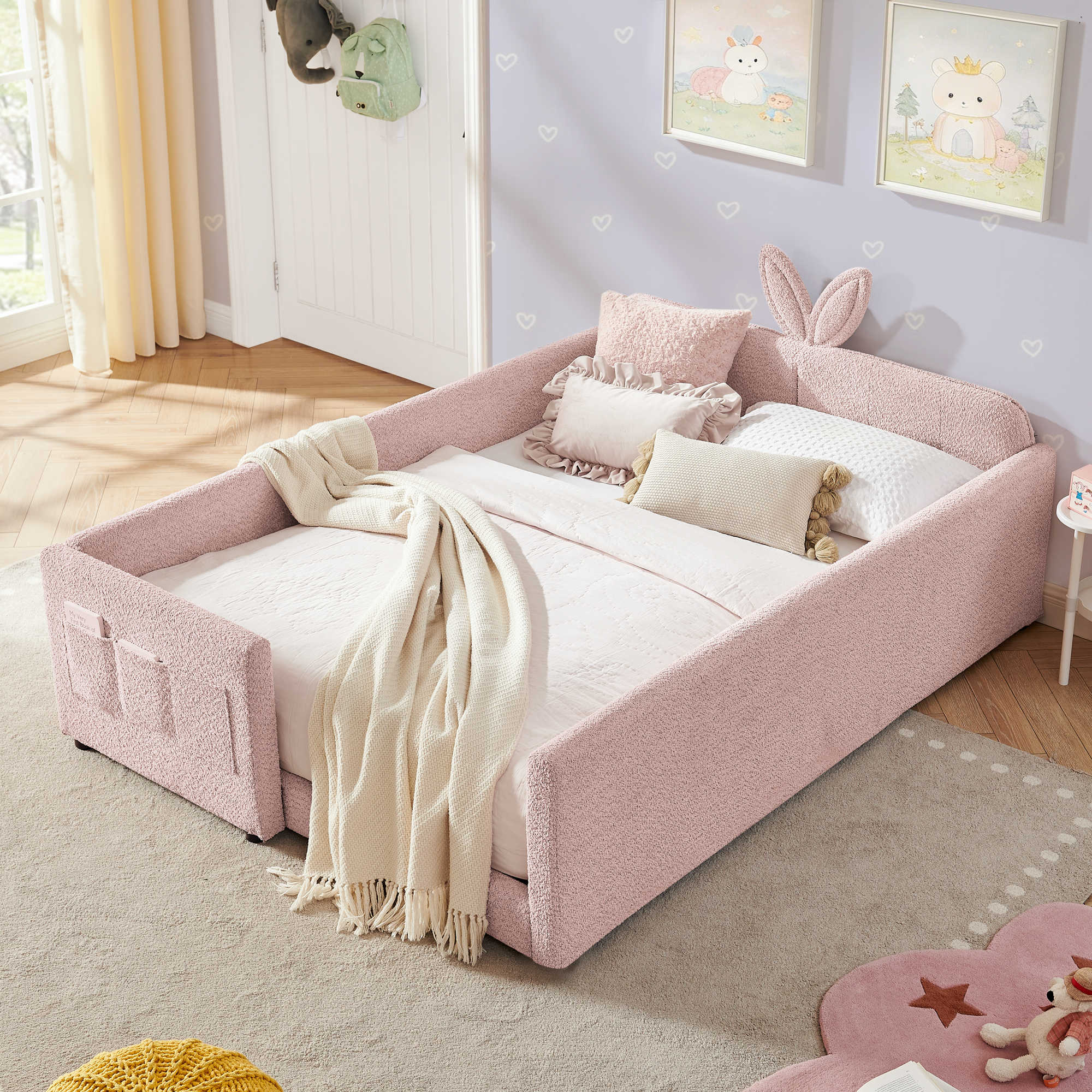 Full Size Upholstered Platform Bed with Cute Rabbit Ear Shaped Headboard, with Safety Rail and Pocket, Boucle Fabric, Pink - Image 2