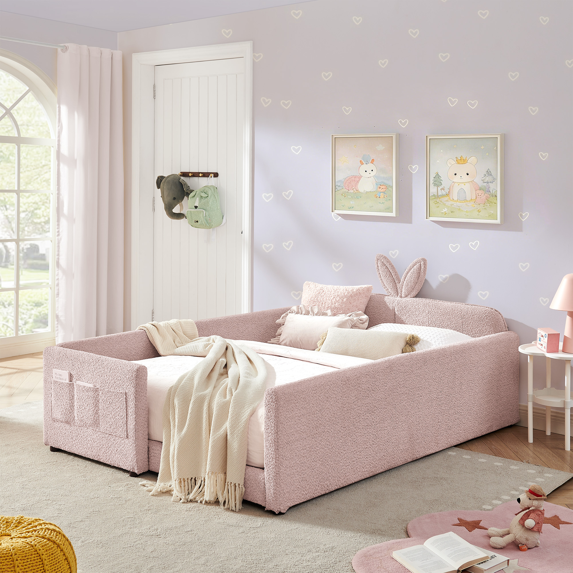 Full Size Upholstered Platform Bed with Cute Rabbit Ear Shaped Headboard, with Safety Rail and Pocket, Boucle Fabric, Pink - Image 3