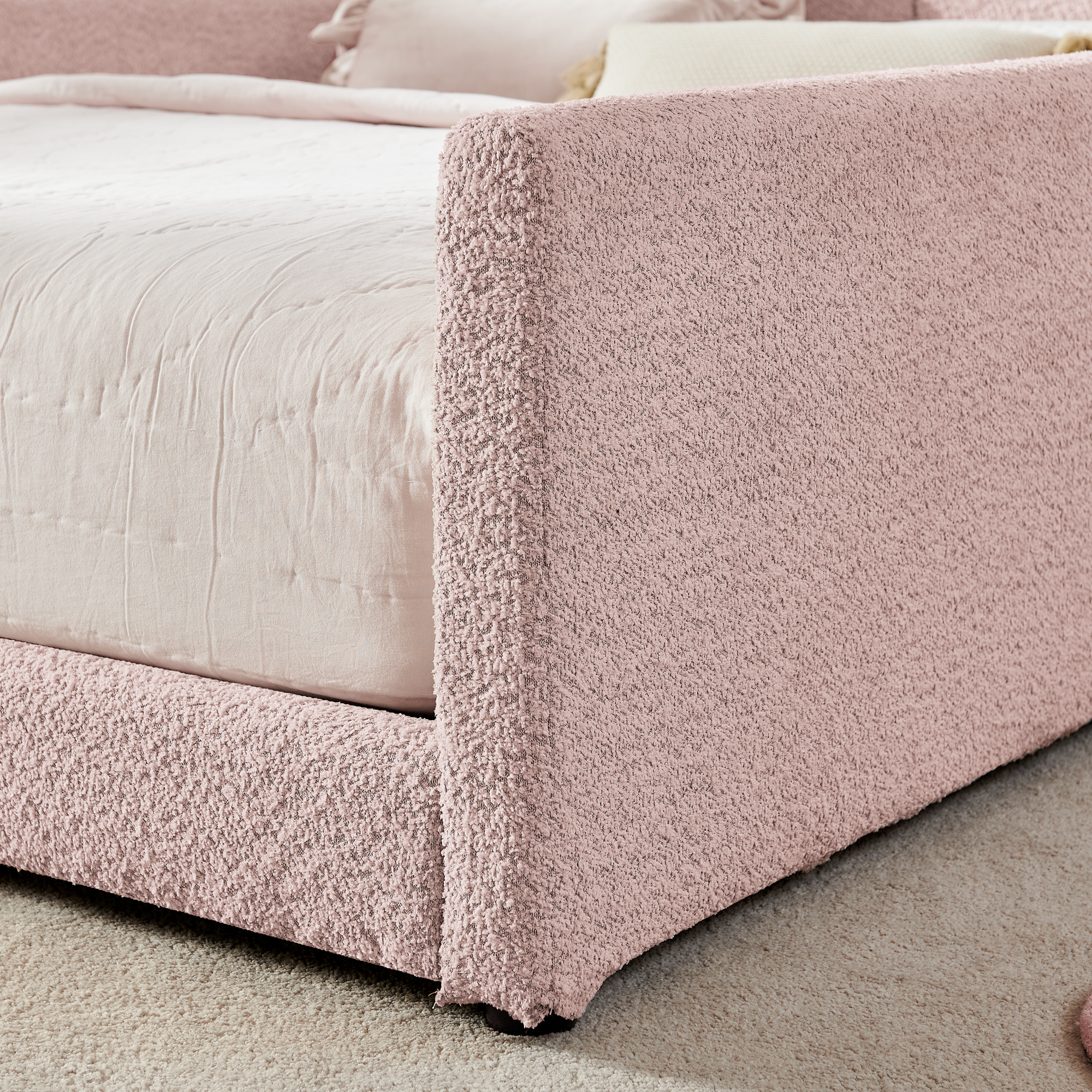 Full Size Upholstered Platform Bed with Cute Rabbit Ear Shaped Headboard, with Safety Rail and Pocket, Boucle Fabric, Pink - Image 4