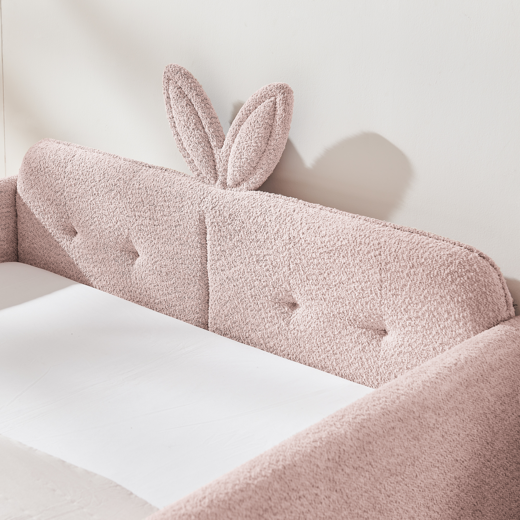 Full Size Upholstered Platform Bed with Cute Rabbit Ear Shaped Headboard, with Safety Rail and Pocket, Boucle Fabric, Pink - Image 5