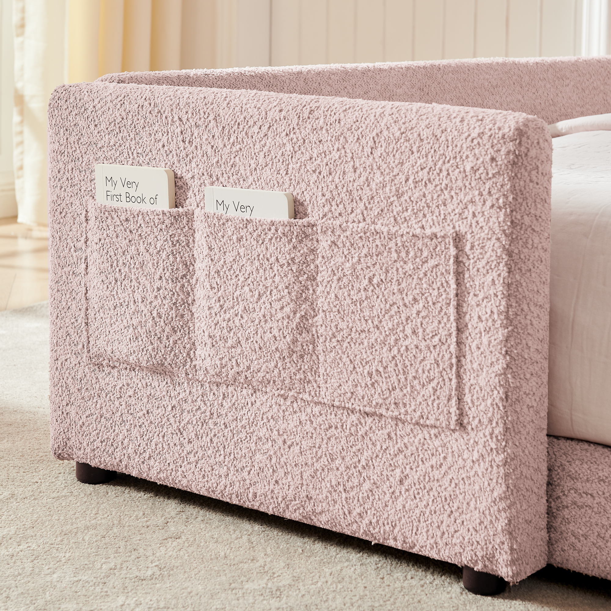 Full Size Upholstered Platform Bed with Cute Rabbit Ear Shaped Headboard, with Safety Rail and Pocket, Boucle Fabric, Pink - Image 6