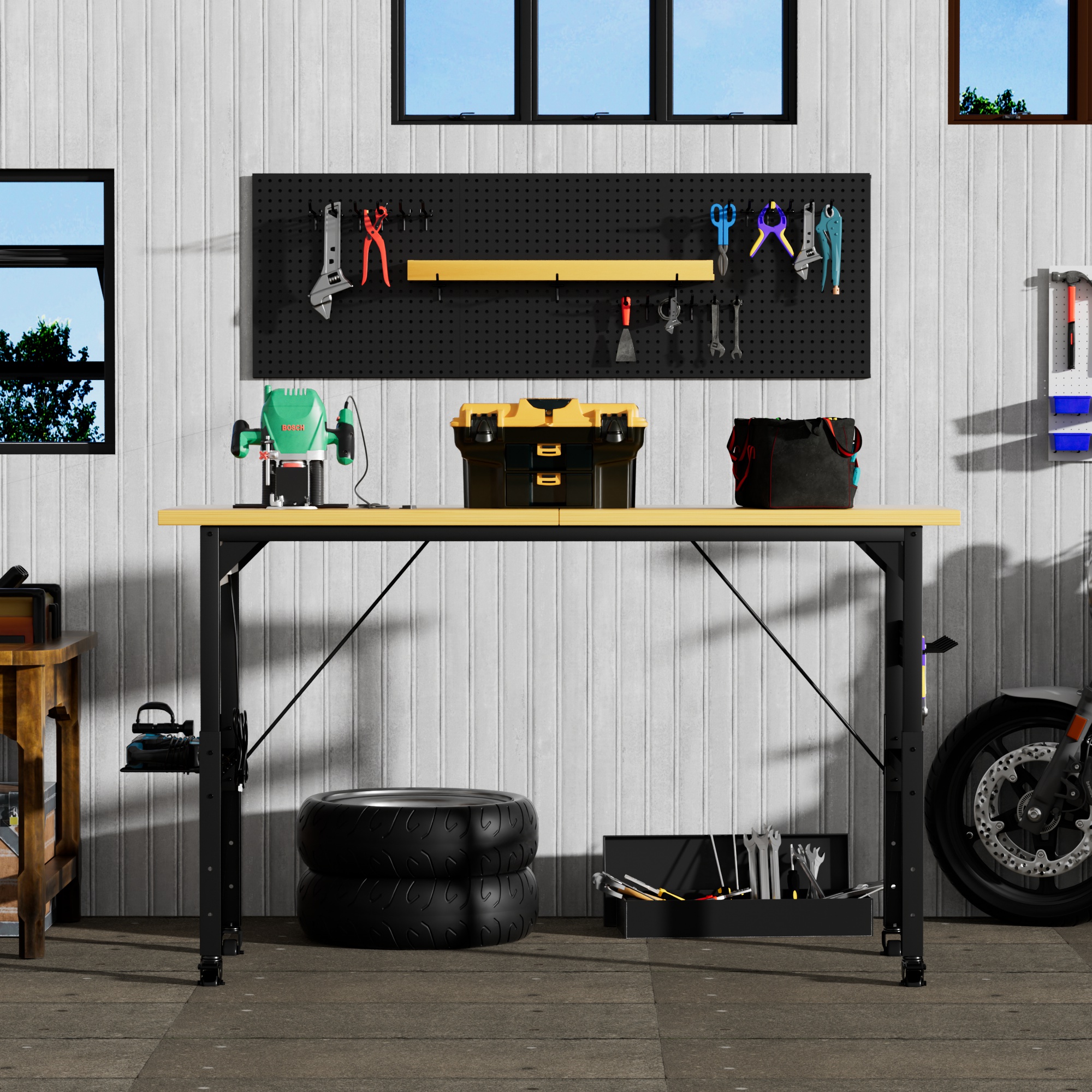 71''Adjustable Workbench with pegboard, Heavy Duty Wooden Desktop Workbench with Wheels, 1600 lb. Load Capacity, Rolling Workbench with AC/USB Outlet, Hooks, Shelf, for Garage, Workshop, Office, Home. - Image 4