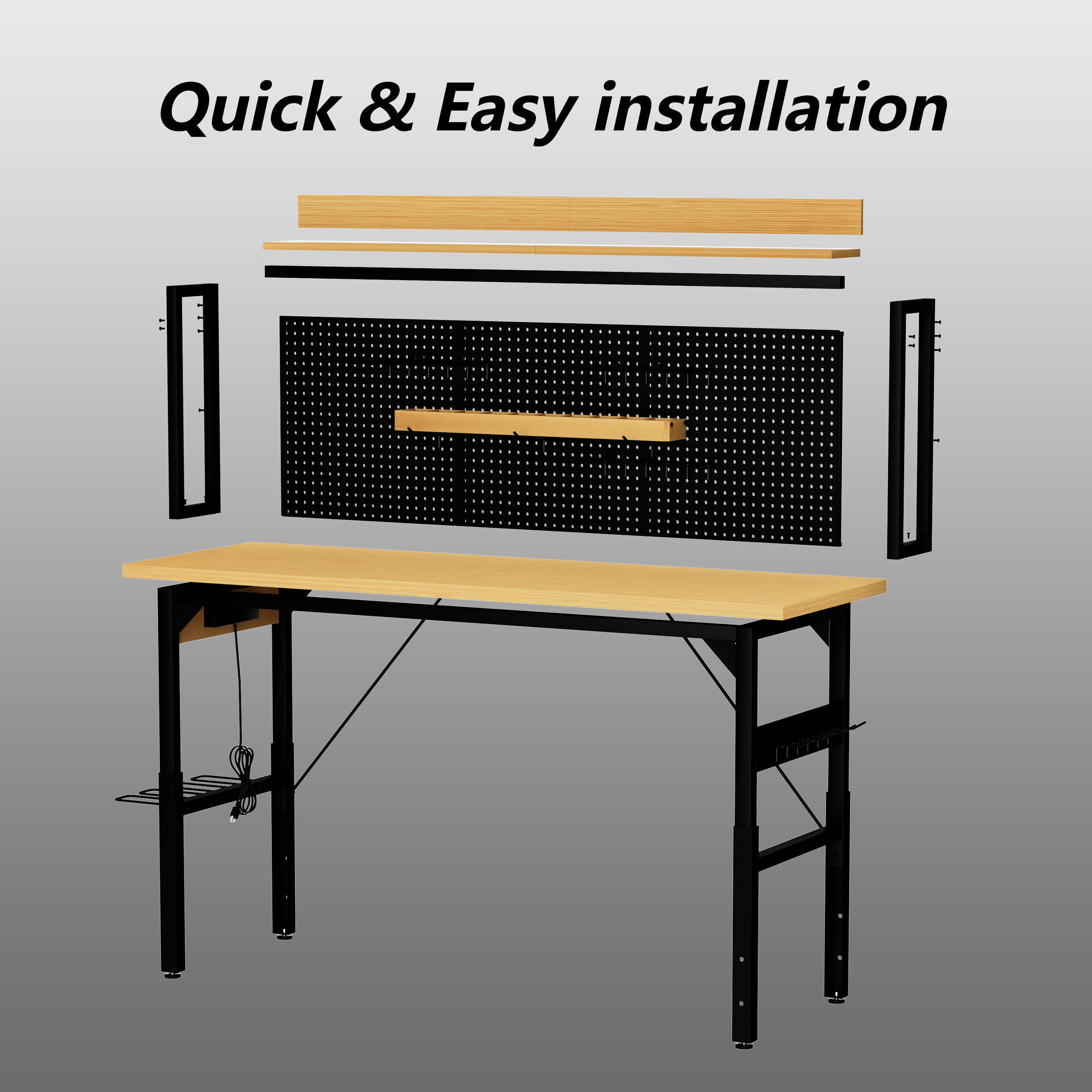 71''Adjustable Workbench with pegboard, Heavy Duty Wooden Desktop Workbench with Wheels, 1600 lb. Load Capacity, Rolling Workbench with AC/USB Outlet, Hooks, Shelf, for Garage, Workshop, Office, Home. - Image 3