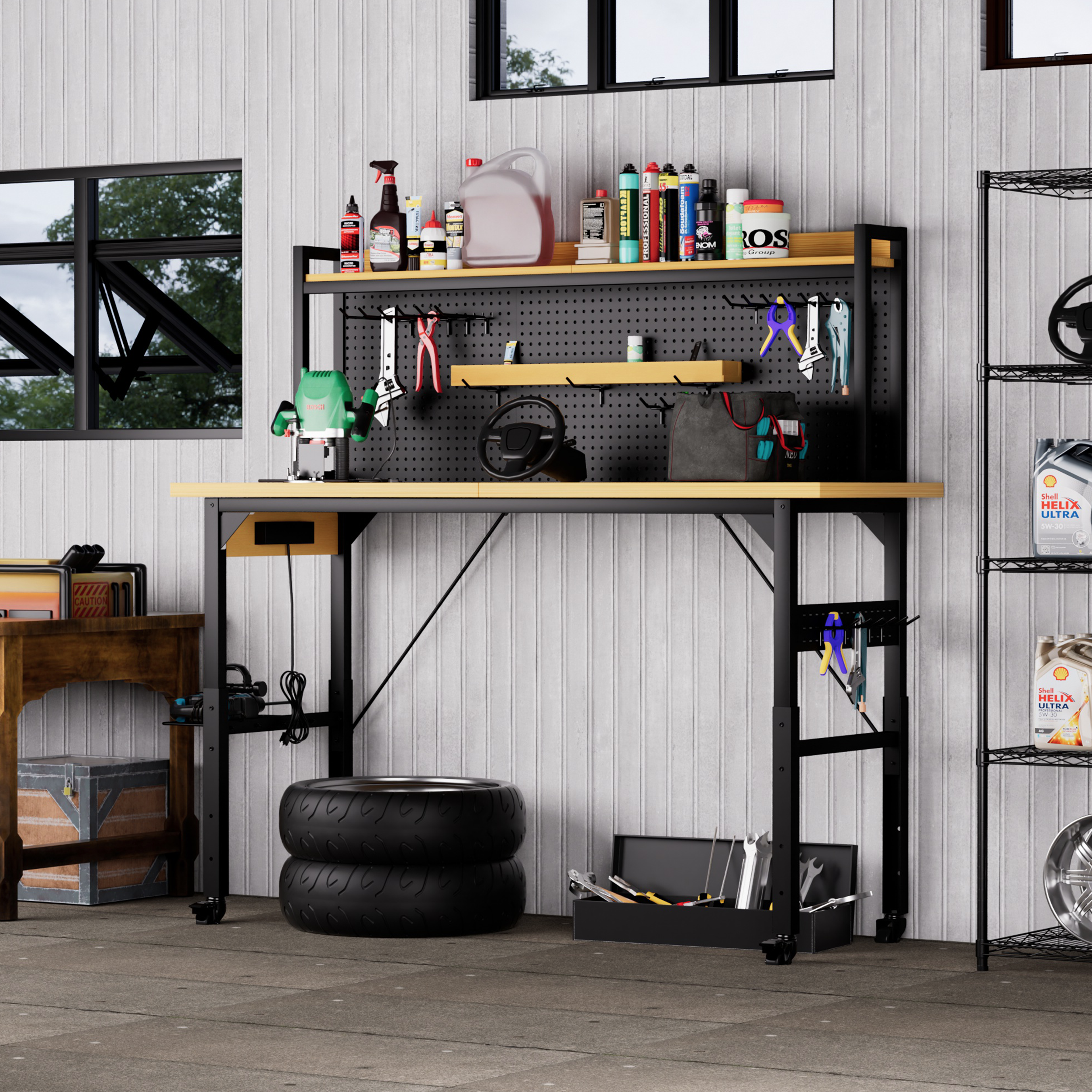 71''Adjustable Workbench with pegboard, Heavy Duty Wooden Desktop Workbench with Wheels, 1600 lb. Load Capacity, Rolling Workbench with AC/USB Outlet, Hooks, Shelf, for Garage, Workshop, Office, Home. - Image 5