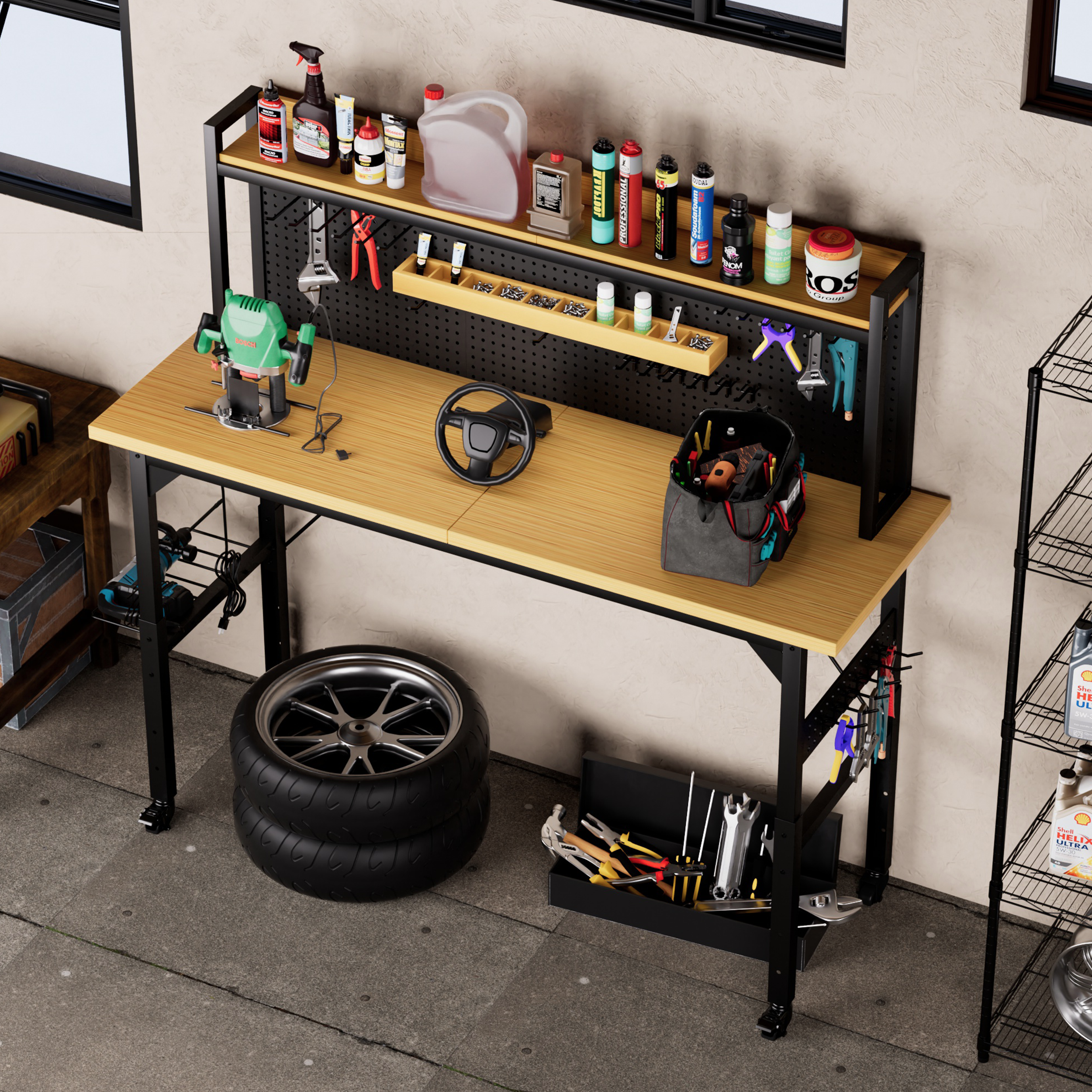71''Adjustable Workbench with pegboard, Heavy Duty Wooden Desktop Workbench with Wheels, 1600 lb. Load Capacity, Rolling Workbench with AC/USB Outlet, Hooks, Shelf, for Garage, Workshop, Office, Home. - Image 6
