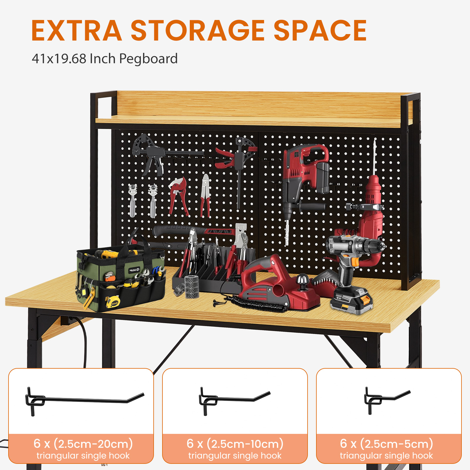 48''Adjustable Workbench with pegboard, Heavy Duty Wooden Desktop Workbench with Wheels, 1600 lb. Load Capacity, Rolling Workbench with AC/USB Outlet, Hooks, Shelf, for Garage, Workshop, Office, Home. - Image 4