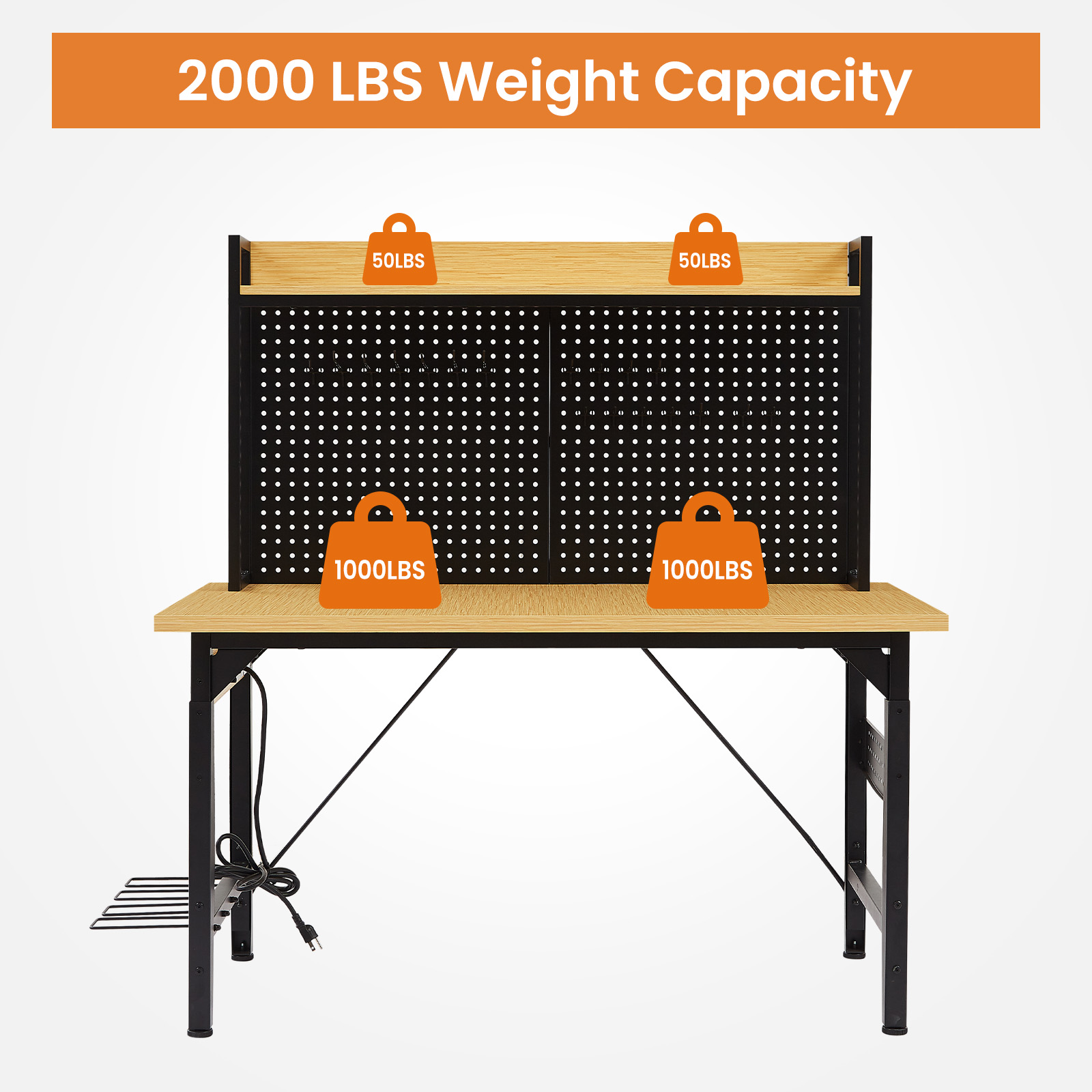 48''Adjustable Workbench with pegboard, Heavy Duty Wooden Desktop Workbench with Wheels, 1600 lb. Load Capacity, Rolling Workbench with AC/USB Outlet, Hooks, Shelf, for Garage, Workshop, Office, Home. - Image 6