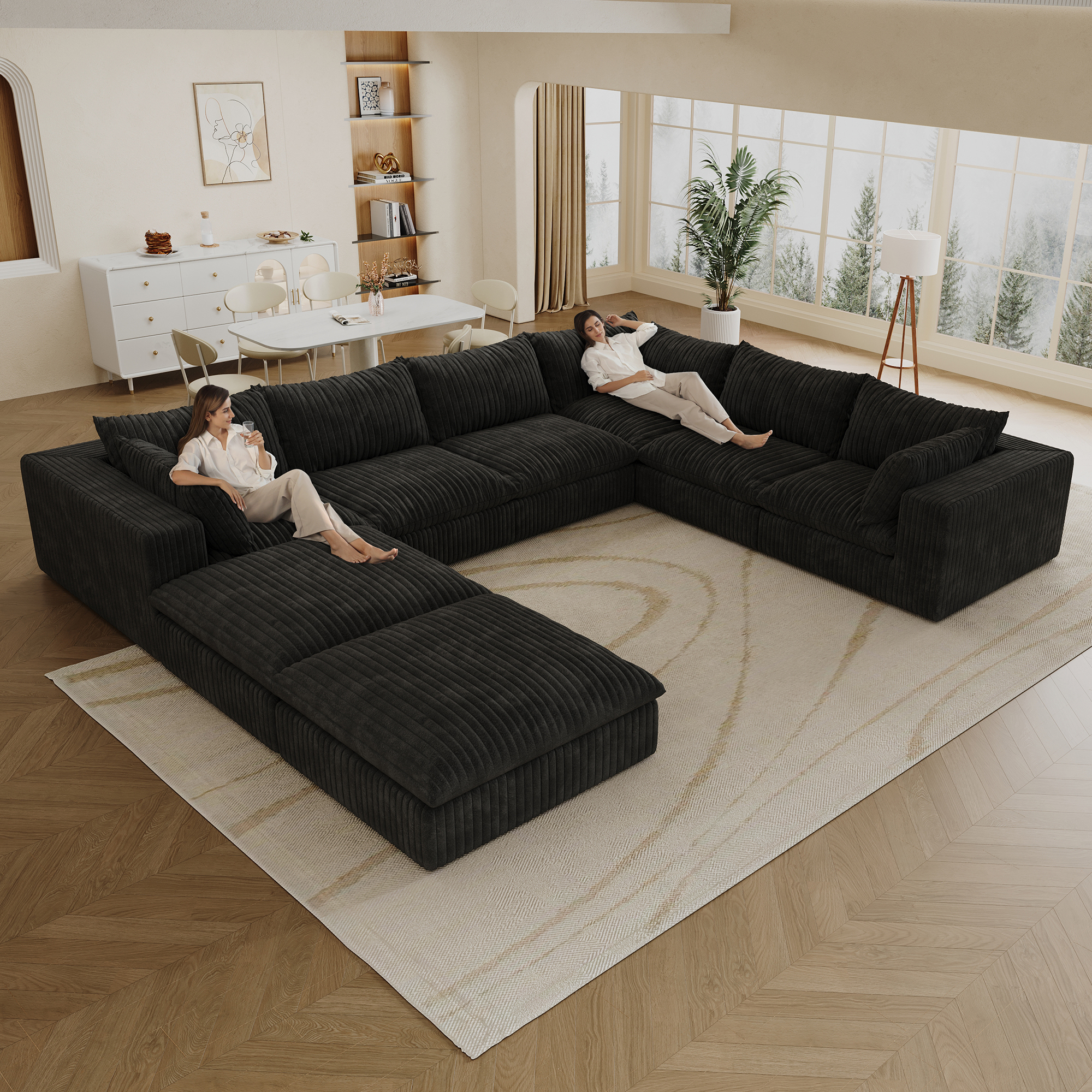 157.6" Cloud Sofa,Corduroy Fabric,Deep Seat Couches,Double-layer design,Removable Cushion,No Assembly, DIY Combination for Living room, Bedroom,Conference room ,Apartment,Black - Image 2
