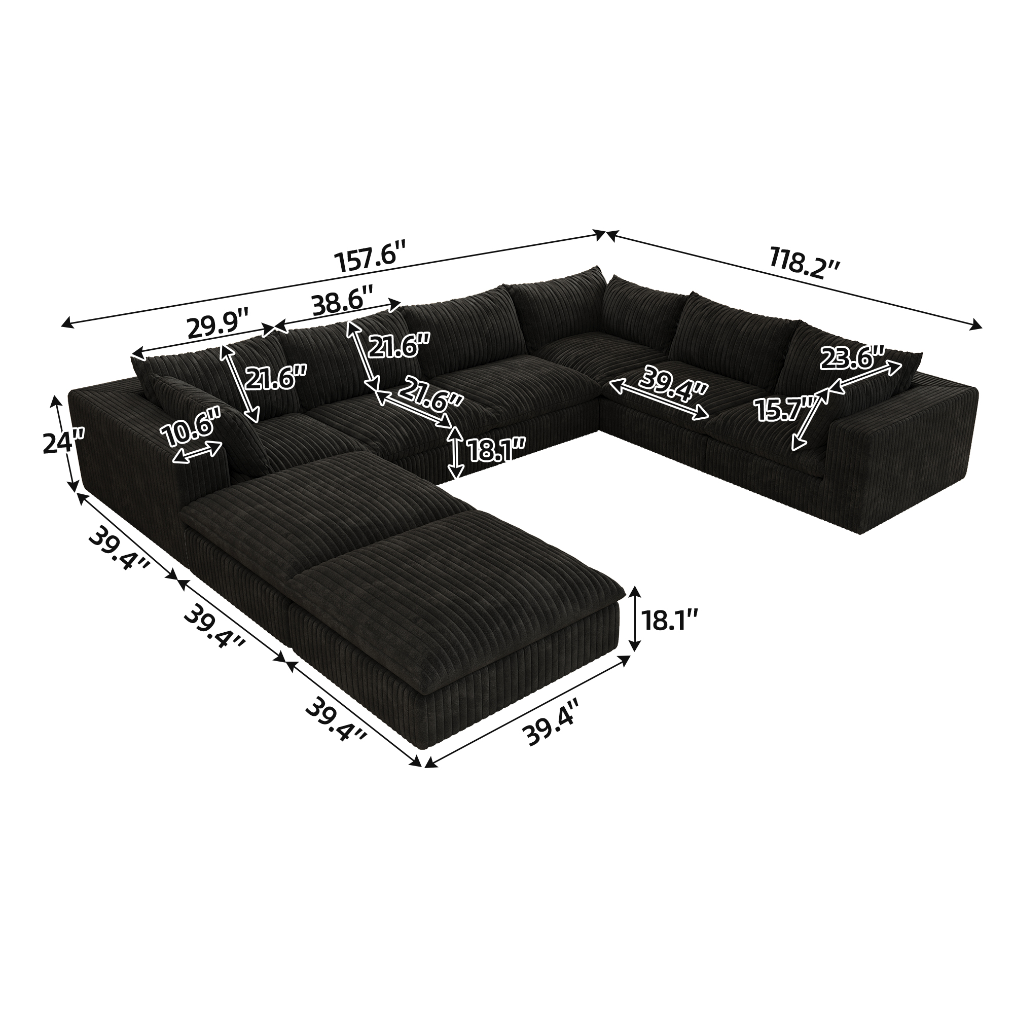 157.6" Cloud Sofa,Corduroy Fabric,Deep Seat Couches,Double-layer design,Removable Cushion,No Assembly, DIY Combination for Living room, Bedroom,Conference room ,Apartment,Black - Image 3