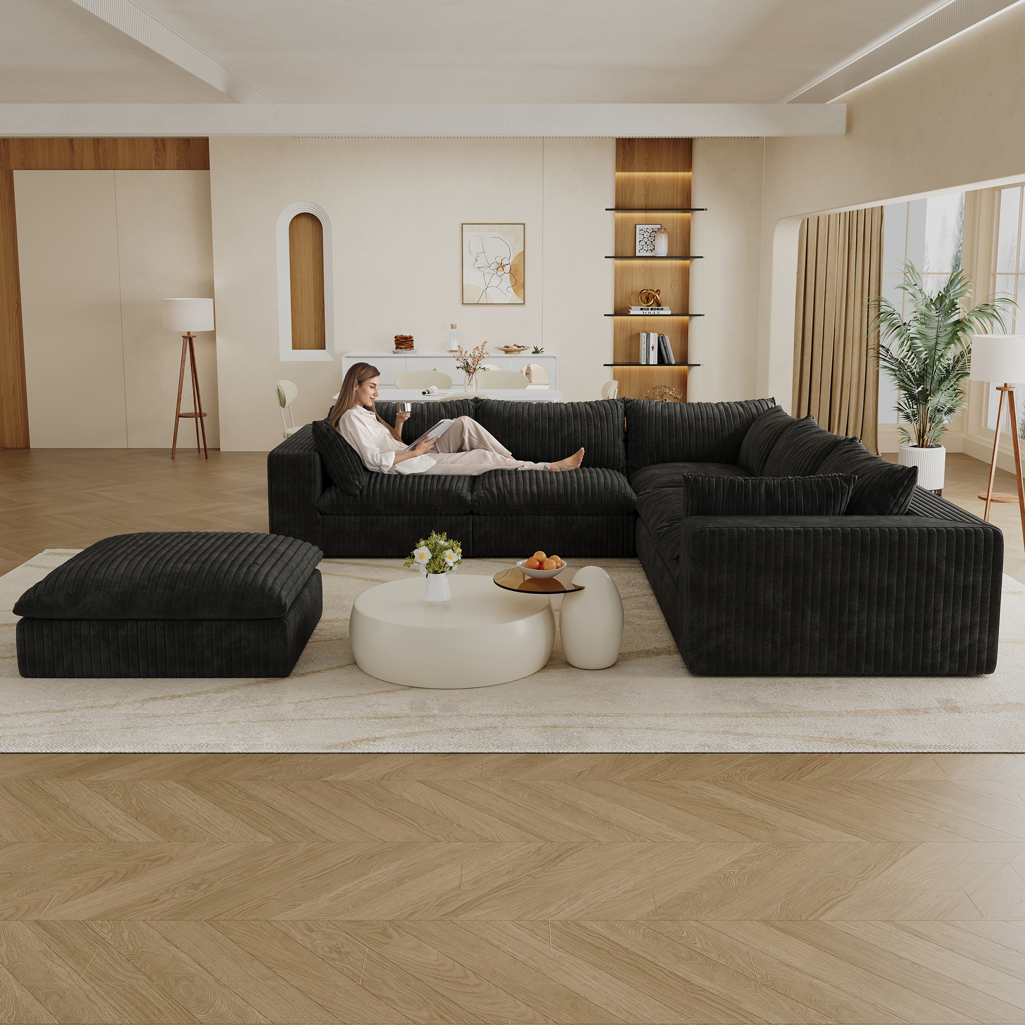 118.2" Cloud Sofa,Corduroy Fabric,Deep Seat Couches,Double-layer design,Removable Cushion,No Assembly, DIY Combination for Living room, Bedroom,Conference room ,Apartment,BLACK - Image 3