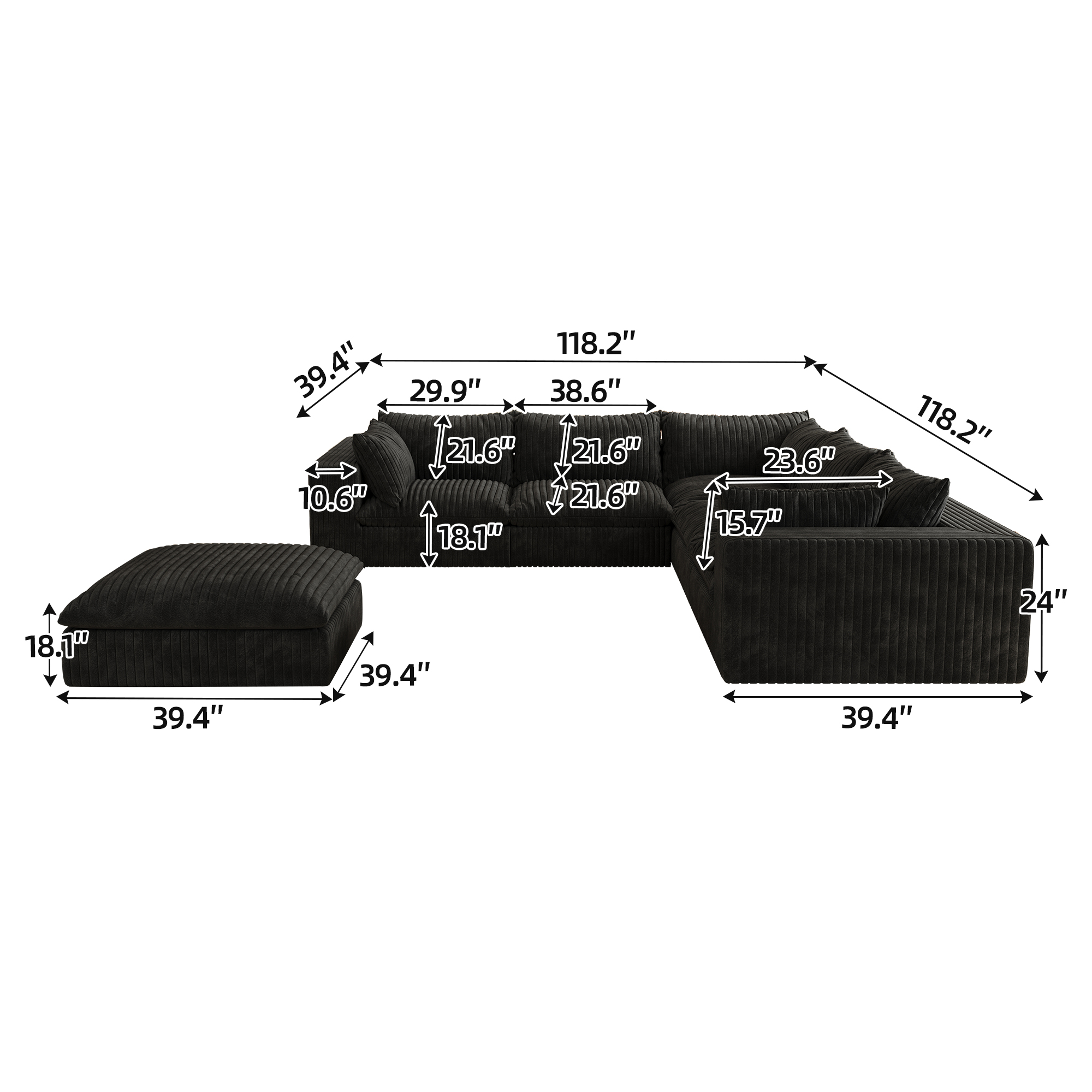 118.2" Cloud Sofa,Corduroy Fabric,Deep Seat Couches,Double-layer design,Removable Cushion,No Assembly, DIY Combination for Living room, Bedroom,Conference room ,Apartment,BLACK - Image 4