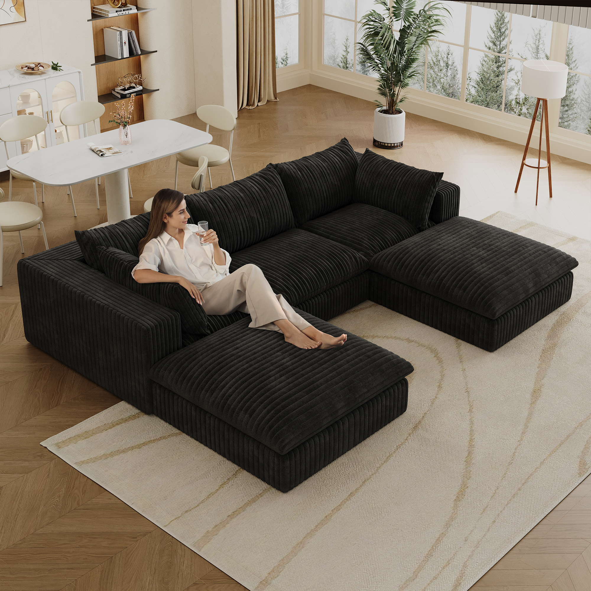 118.2" Cloud Sofa,Corduroy Fabric,Deep Seat Couches,Double-layer design,Removable Cushion,No Assembly, DIY Combination for Living room, Bedroom,Conference room ,Apartment,Black - Image 2