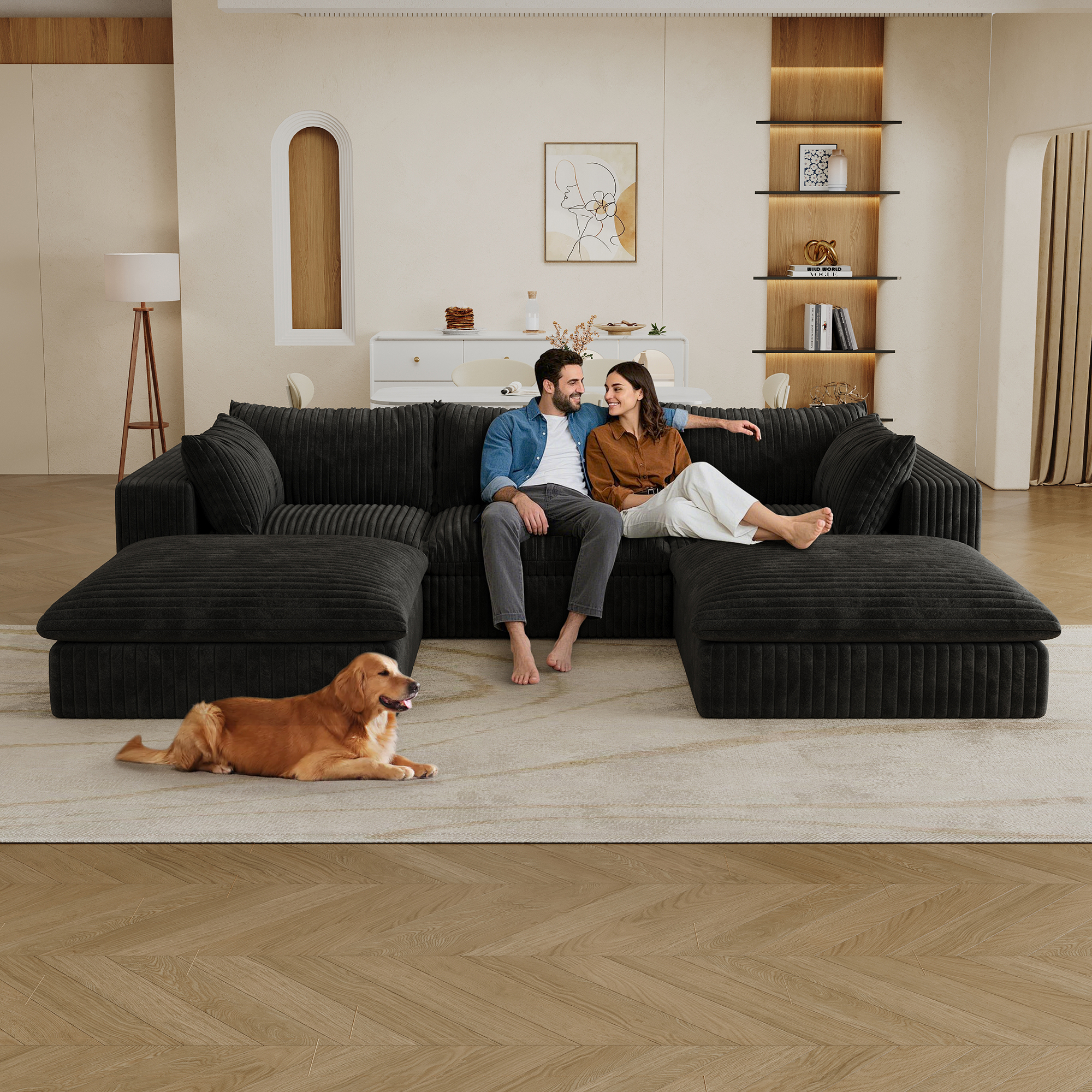 118.2" Cloud Sofa,Corduroy Fabric,Deep Seat Couches,Double-layer design,Removable Cushion,No Assembly, DIY Combination for Living room, Bedroom,Conference room ,Apartment,Black - Image 3