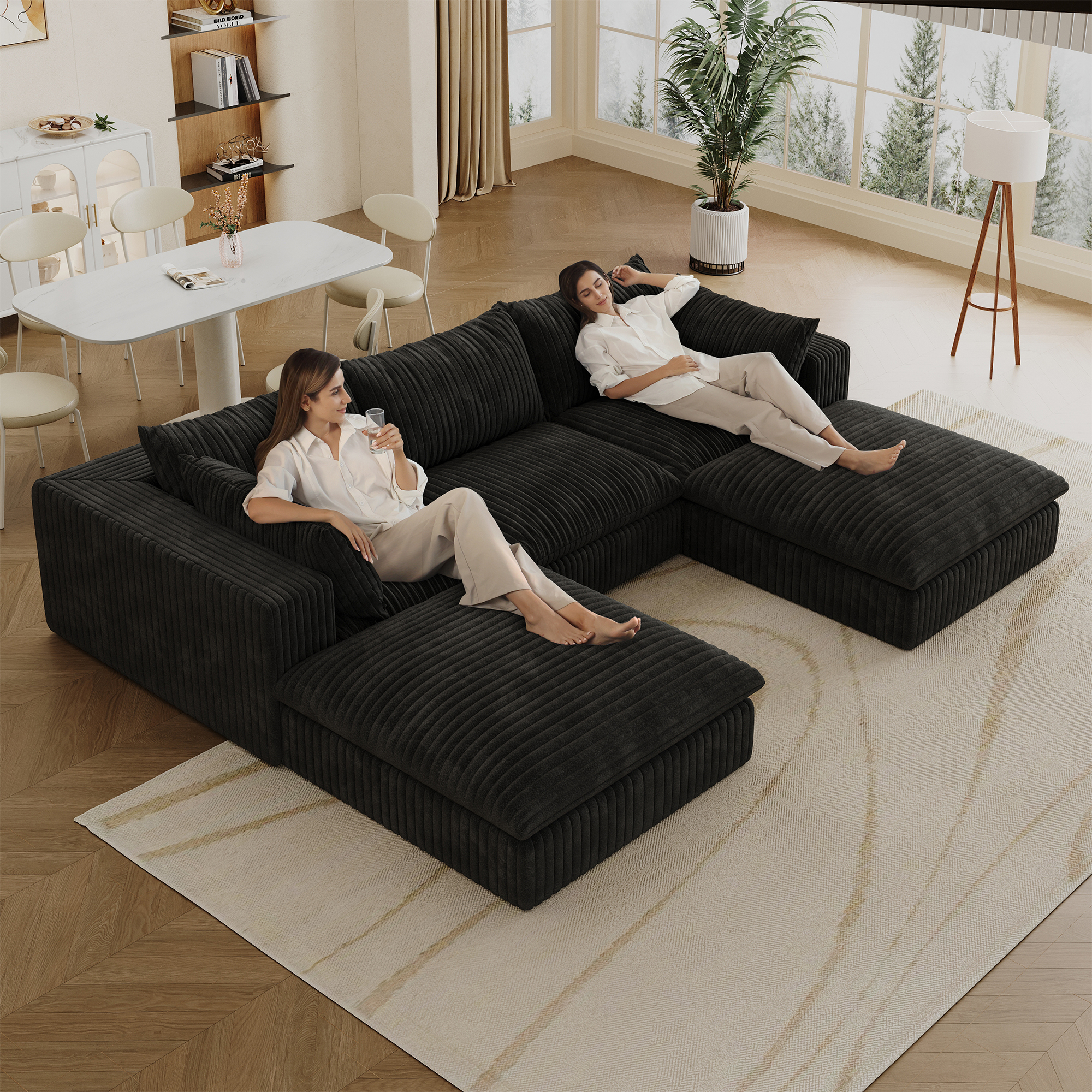 118.2" Cloud Sofa,Corduroy Fabric,Deep Seat Couches,Double-layer design,Removable Cushion,No Assembly, DIY Combination for Living room, Bedroom,Conference room ,Apartment,Black - Image 4