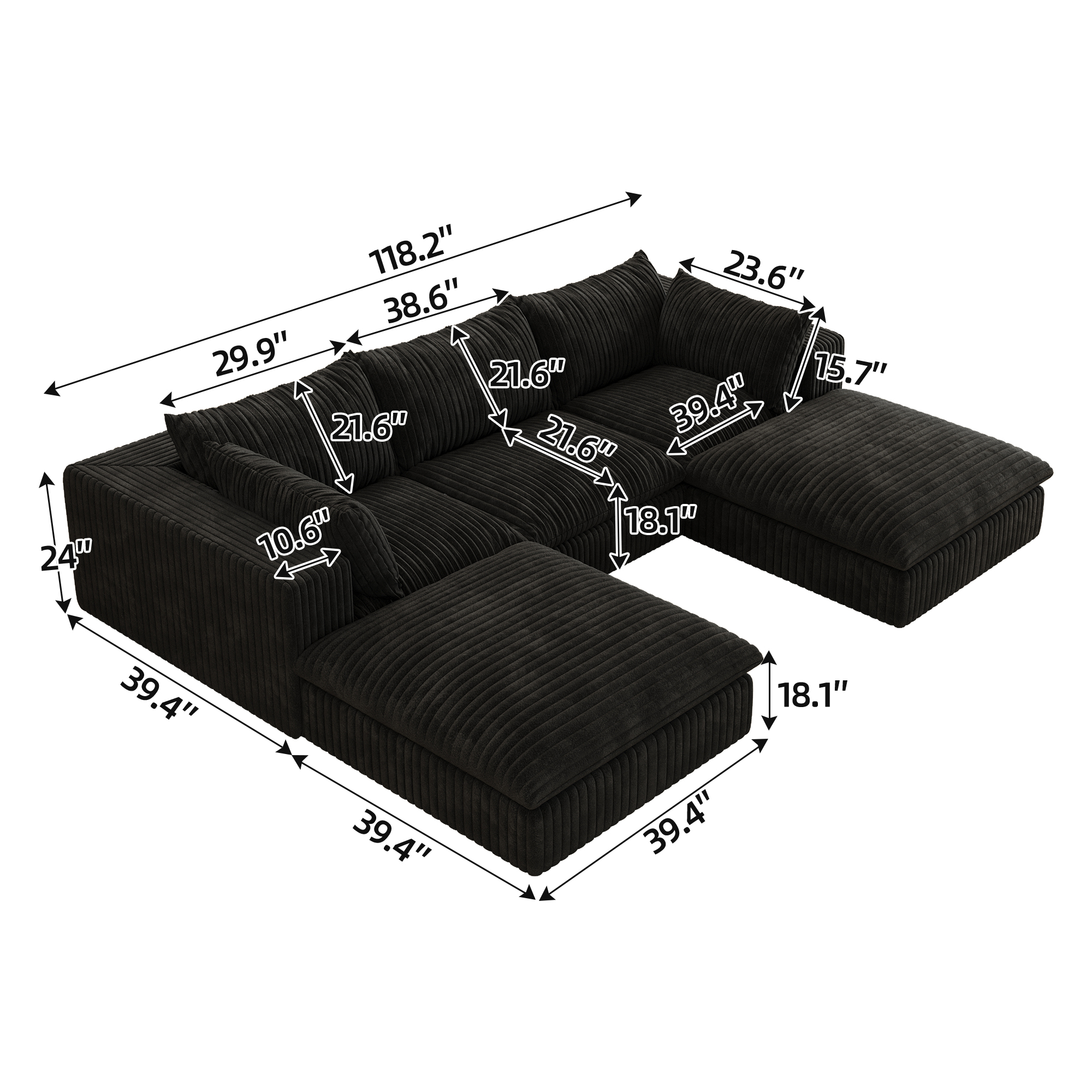 118.2" Cloud Sofa,Corduroy Fabric,Deep Seat Couches,Double-layer design,Removable Cushion,No Assembly, DIY Combination for Living room, Bedroom,Conference room ,Apartment,Black - Image 6