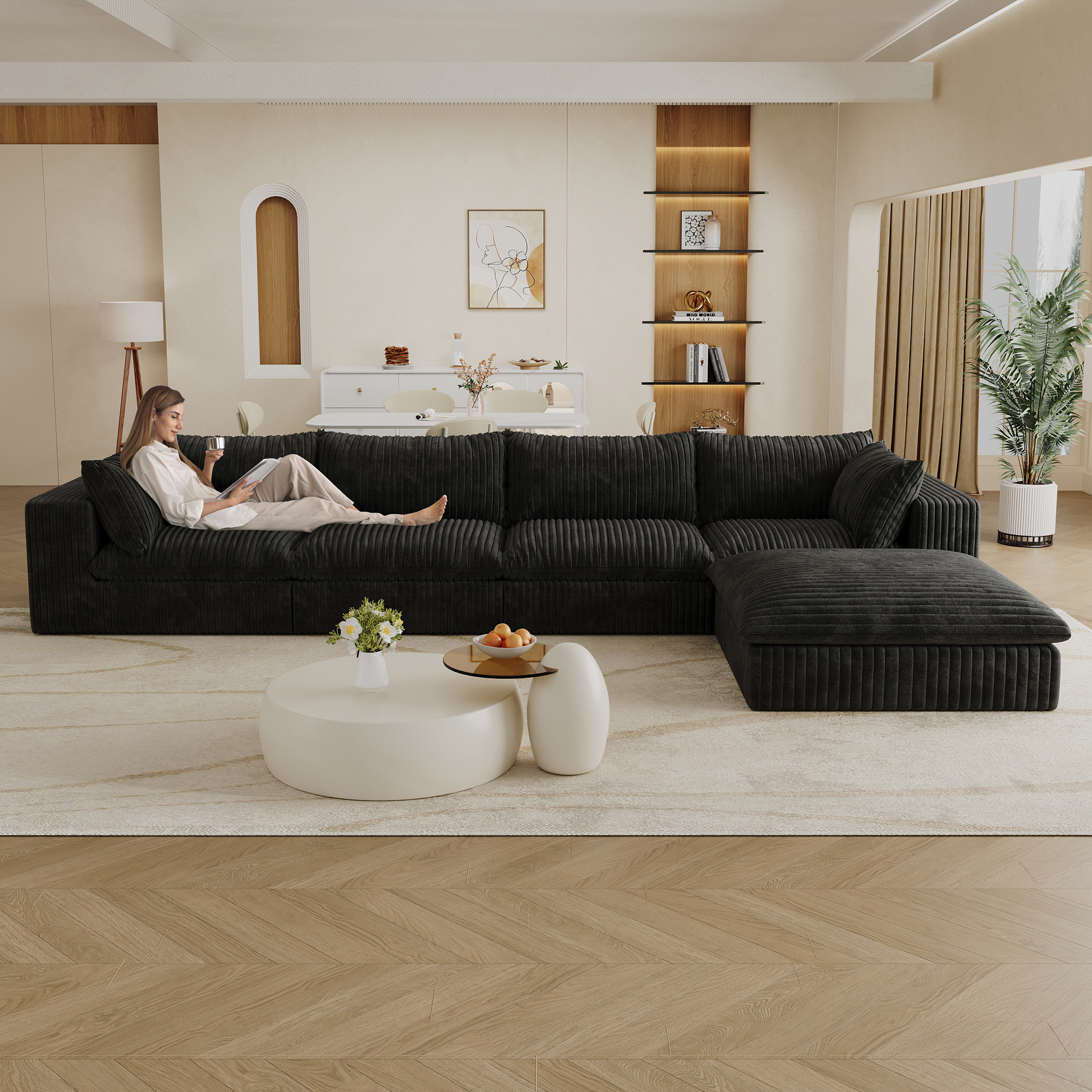 157.6"Cloud Sofa,Corduroy Fabric,Deep Seat Couches,Double-layer design,Removable Cushion,No Assembly,DIY Combination for Living room, Bedroom,Conference room ,Apartment,Black - Image 2