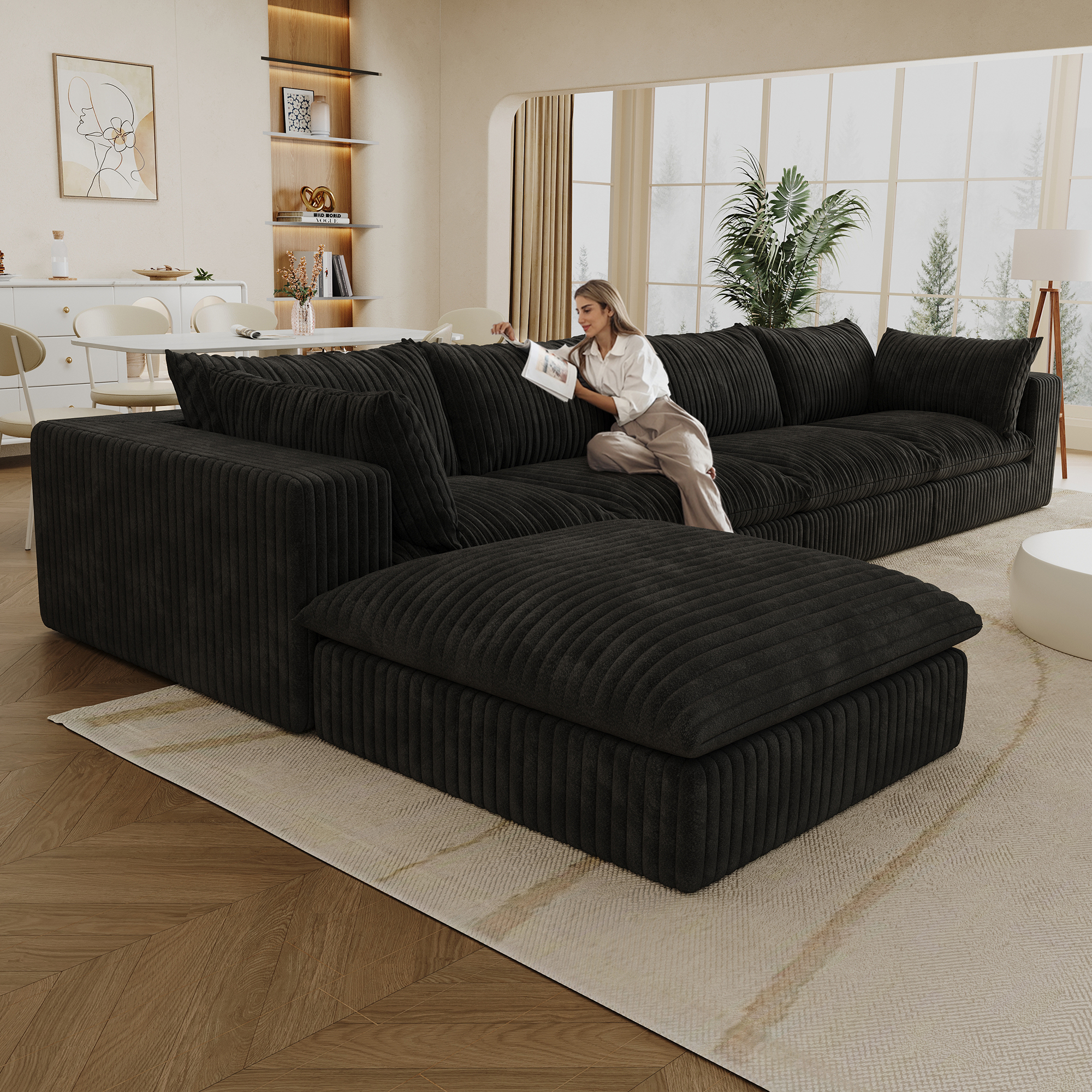 157.6"Cloud Sofa,Corduroy Fabric,Deep Seat Couches,Double-layer design,Removable Cushion,No Assembly,DIY Combination for Living room, Bedroom,Conference room ,Apartment,Black - Image 3