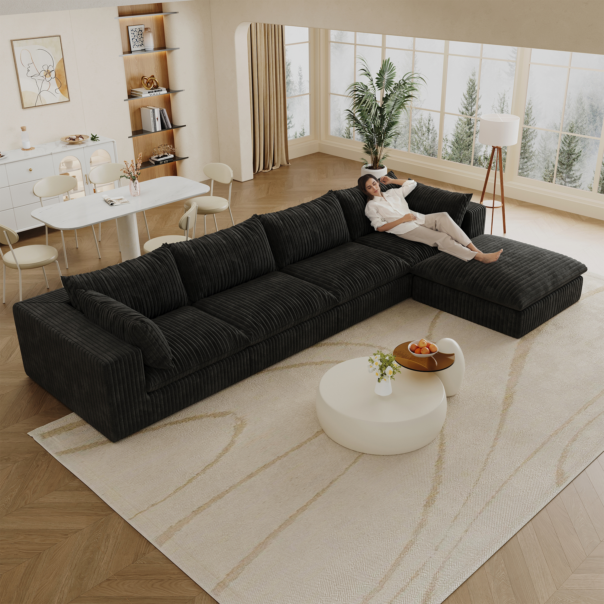 157.6"Cloud Sofa,Corduroy Fabric,Deep Seat Couches,Double-layer design,Removable Cushion,No Assembly,DIY Combination for Living room, Bedroom,Conference room ,Apartment,Black - Image 4