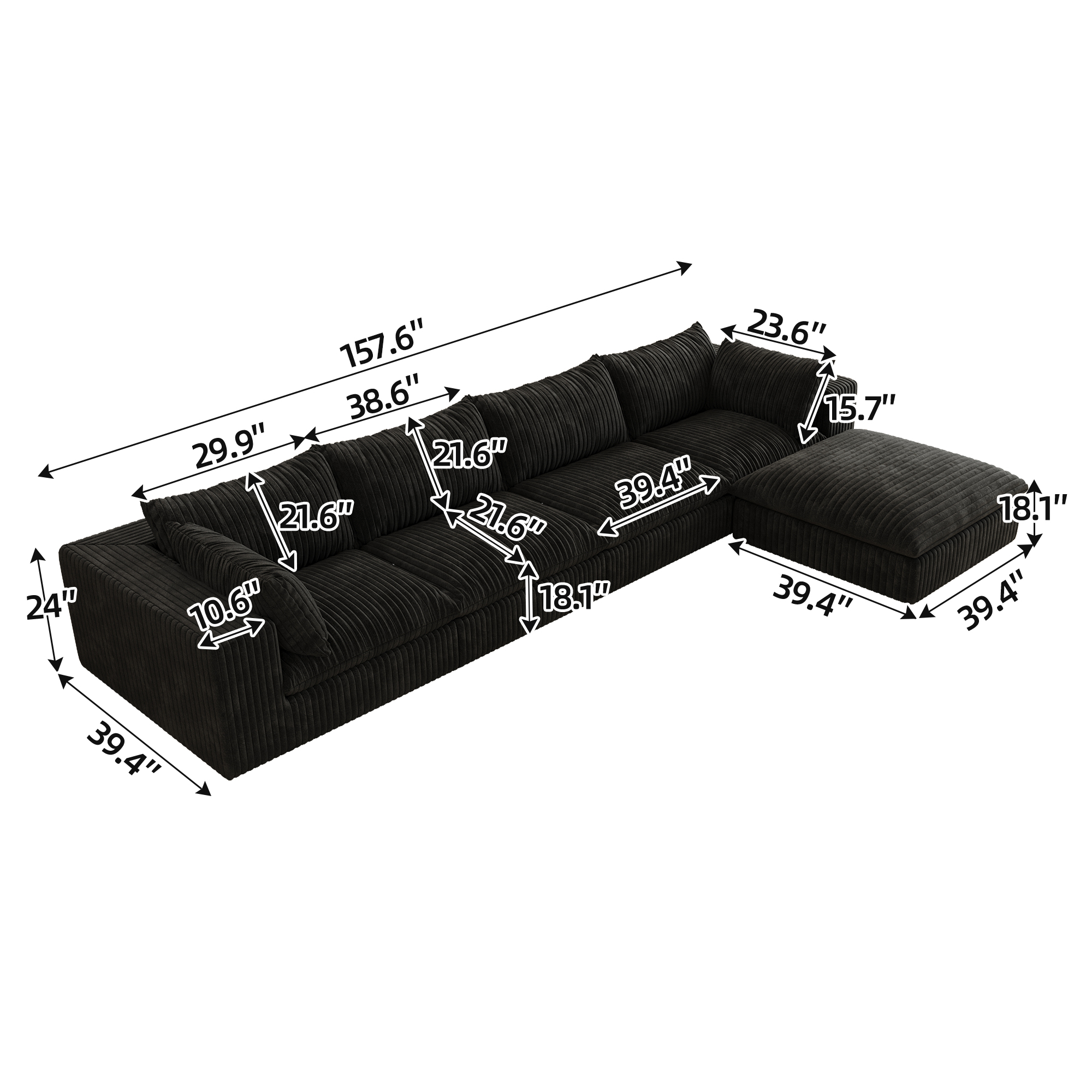 157.6"Cloud Sofa,Corduroy Fabric,Deep Seat Couches,Double-layer design,Removable Cushion,No Assembly,DIY Combination for Living room, Bedroom,Conference room ,Apartment,Black - Image 5