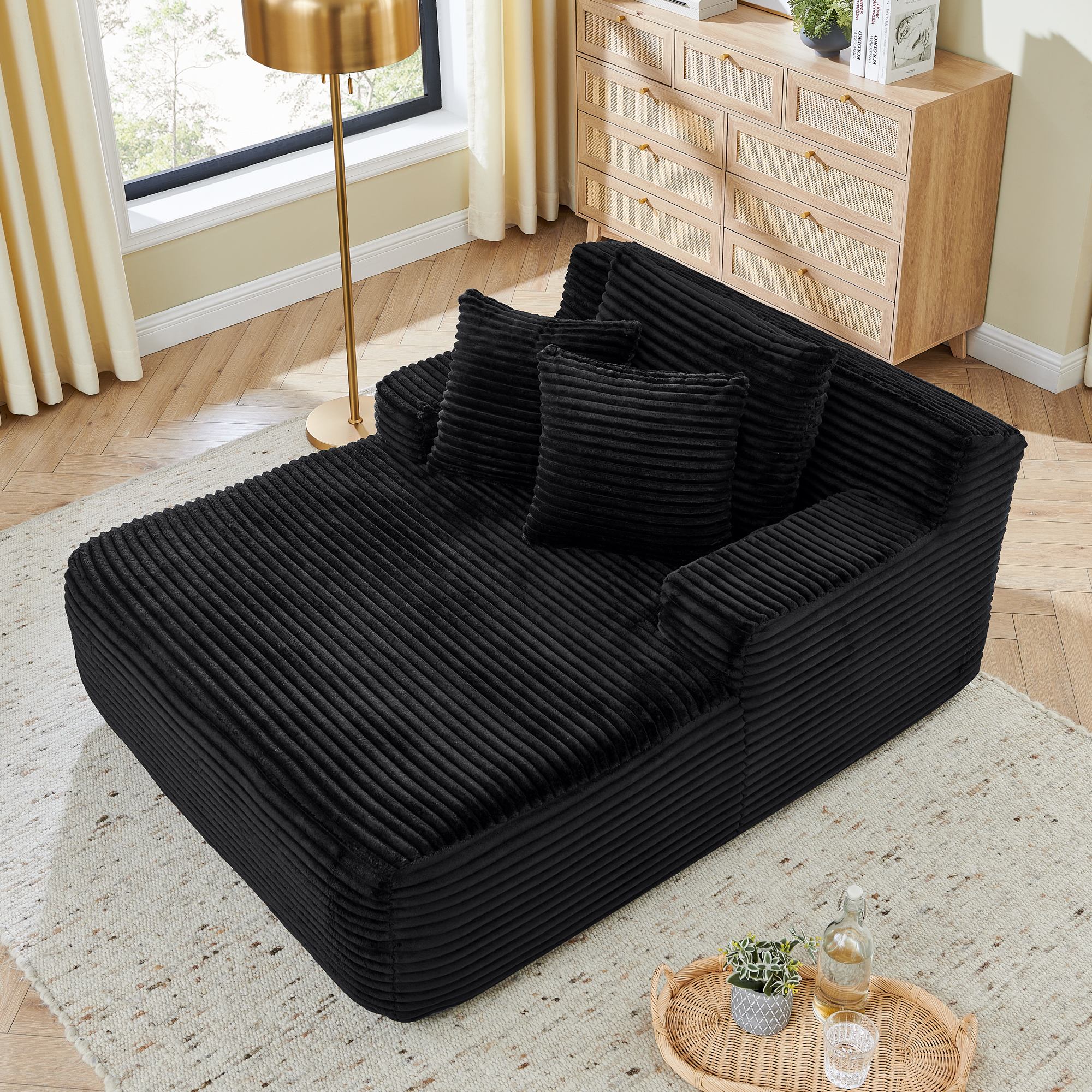 Single lazy sofa lounge chair, no assembly required, made of velvet fabric, fluffy modern single lounge chair, used for indoor living rooms and bedrooms-Black - Image 2