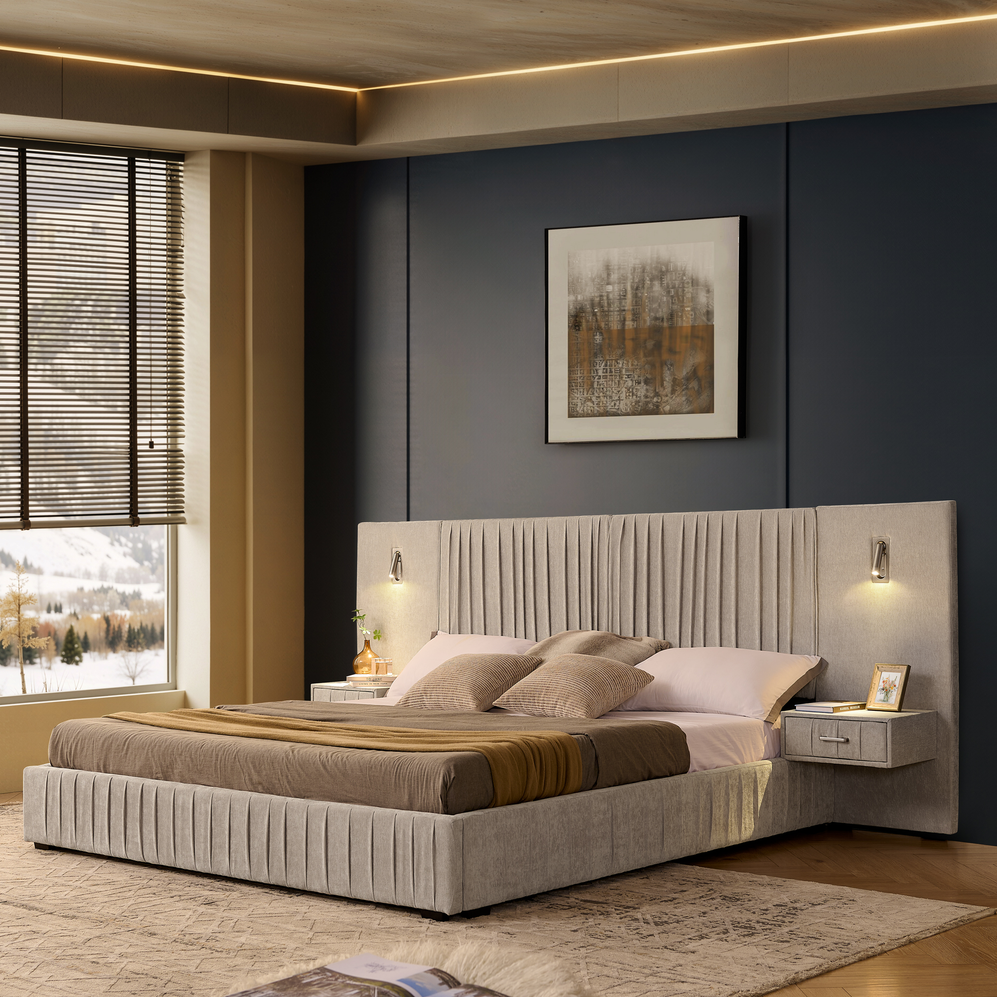 King Size Upholstered Bed Frame with Chenille fabric with pleated design,Grounded King Size Platform Bed with Headboard and Solid Frame and the bedside table.No Box Spring Needed-Beige - Image 1