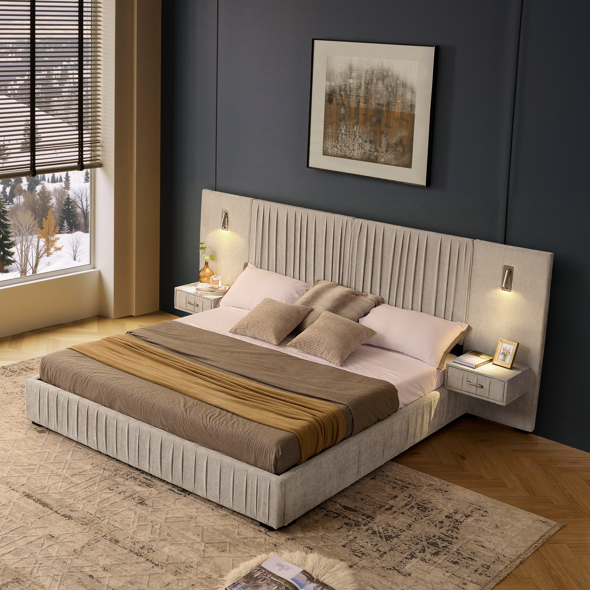 King Size Upholstered Bed Frame with Chenille fabric with pleated design,Grounded King Size Platform Bed with Headboard and Solid Frame and the bedside table.No Box Spring Needed-Beige - Image 2