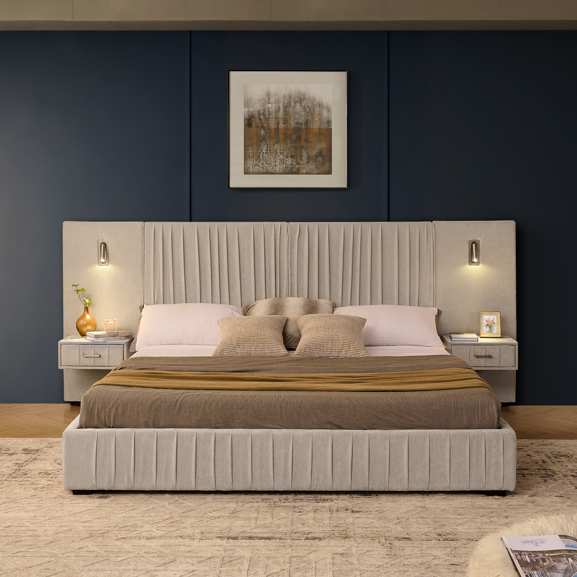 King Size Upholstered Bed Frame with Chenille fabric with pleated design,Grounded King Size Platform Bed with Headboard and Solid Frame and the bedside table.No Box Spring Needed-Beige - Image 3