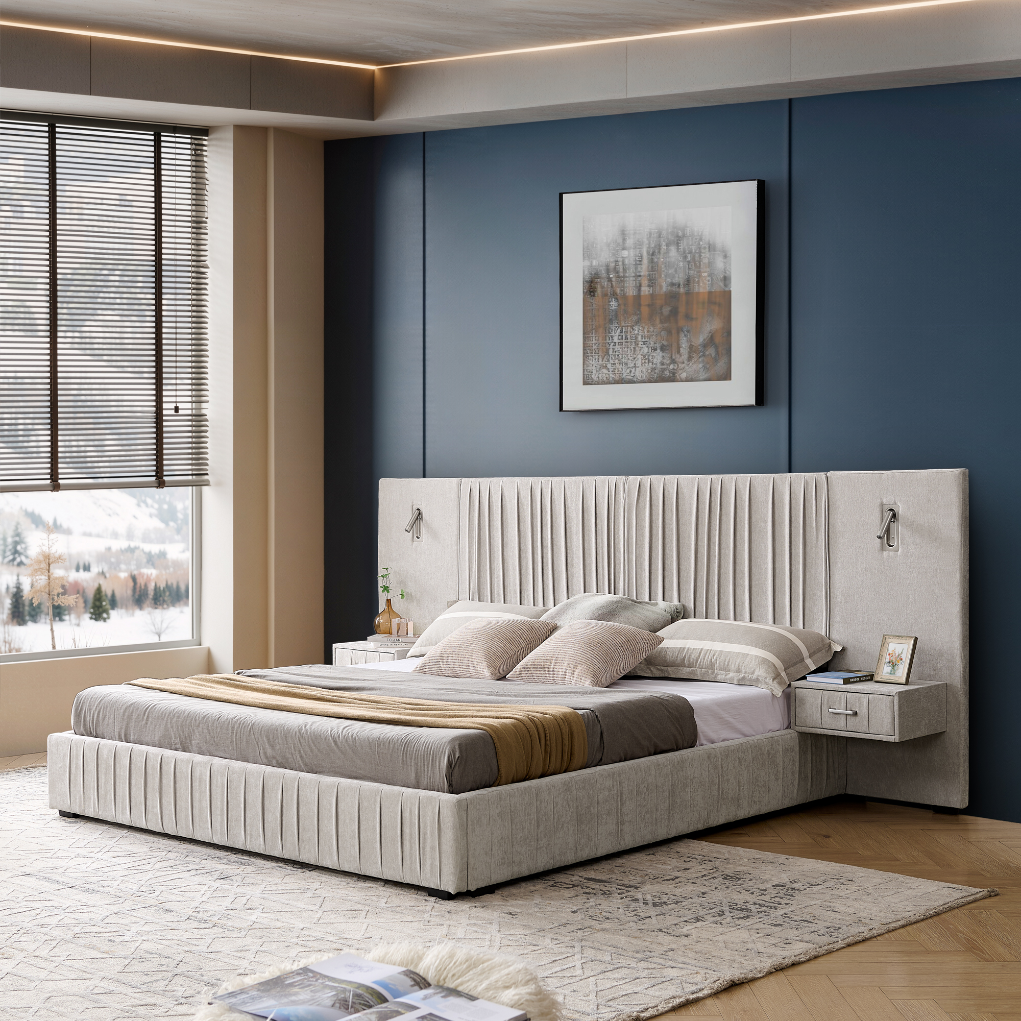 King Size Upholstered Bed Frame with Chenille fabric with pleated design,Grounded King Size Platform Bed with Headboard and Solid Frame and the bedside table.No Box Spring Needed-Beige - Image 4