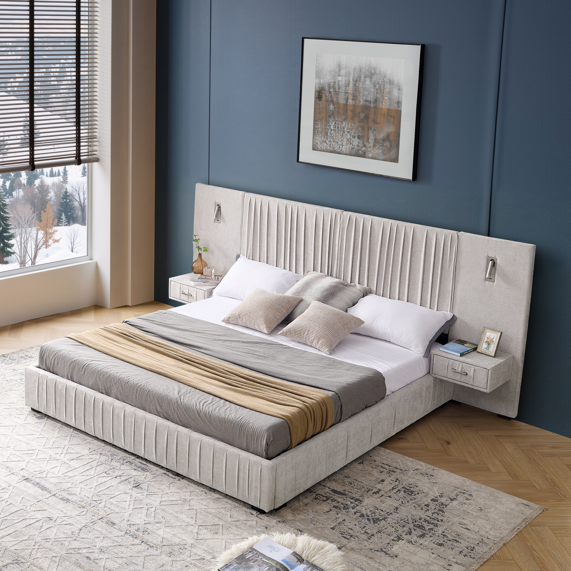 King Size Upholstered Bed Frame with Chenille fabric with pleated design,Grounded King Size Platform Bed with Headboard and Solid Frame and the bedside table.No Box Spring Needed-Beige - Image 5