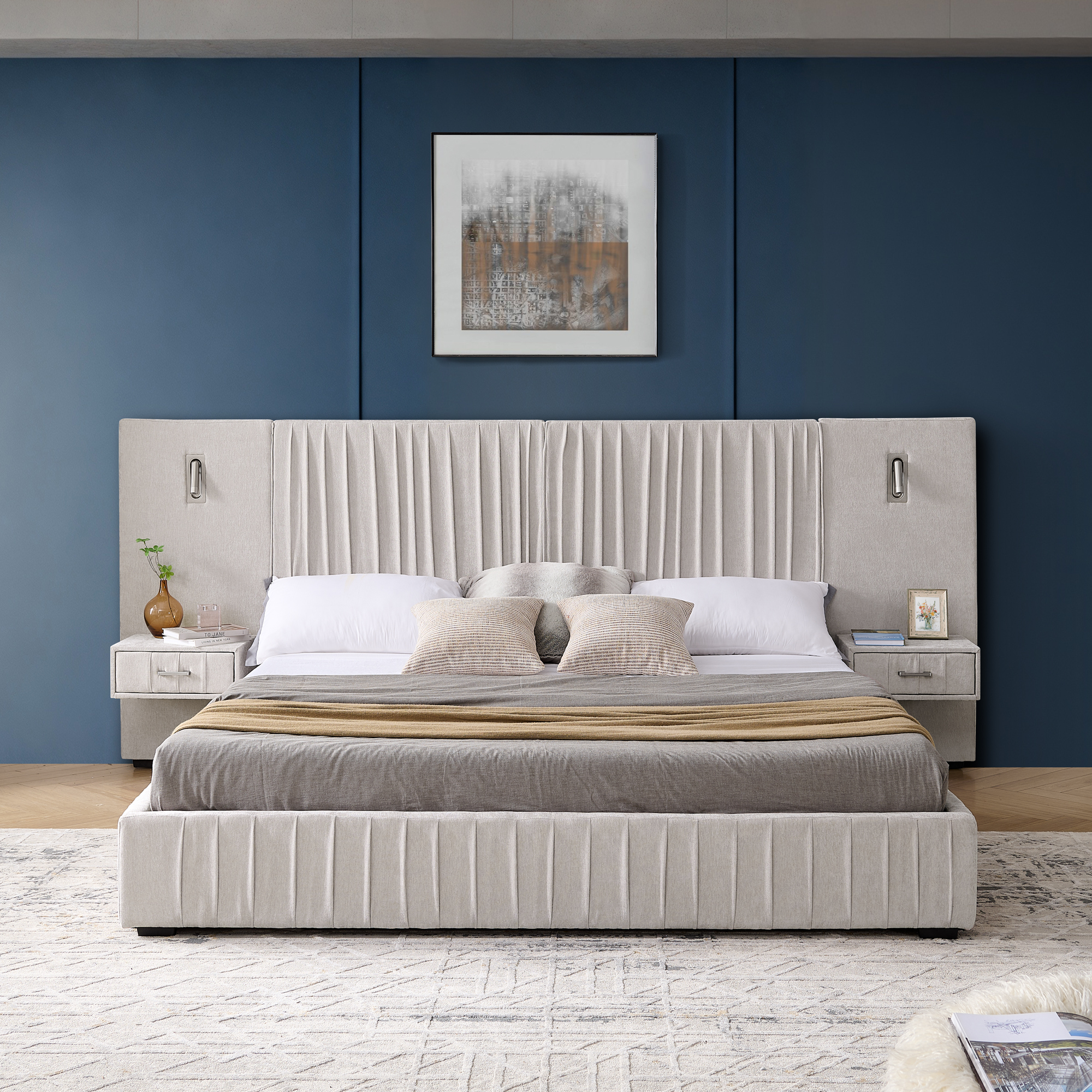 King Size Upholstered Bed Frame with Chenille fabric with pleated design,Grounded King Size Platform Bed with Headboard and Solid Frame and the bedside table.No Box Spring Needed-Beige - Image 6