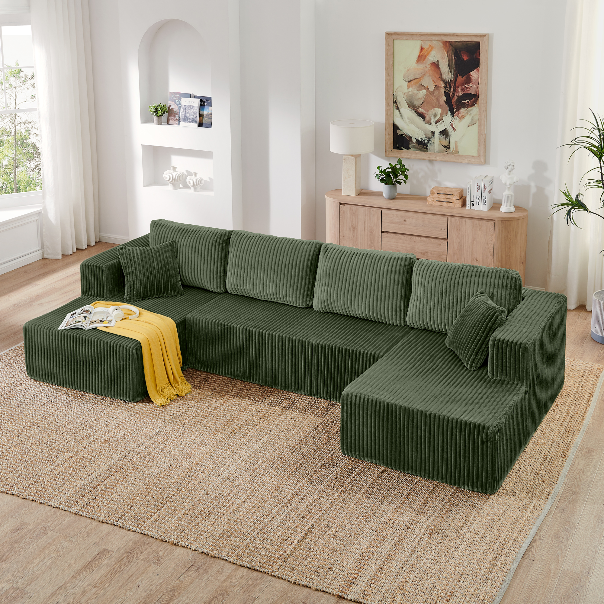 U shape Modular Sectional Sofa, Compressed Sectional Sofa Modern Minimalist Style Corduroy Couch, Sleeper Sofa for Living Room, Bedroom, Comfy Compressed Sofa Couch Space-Efficient Design-green - Image 2